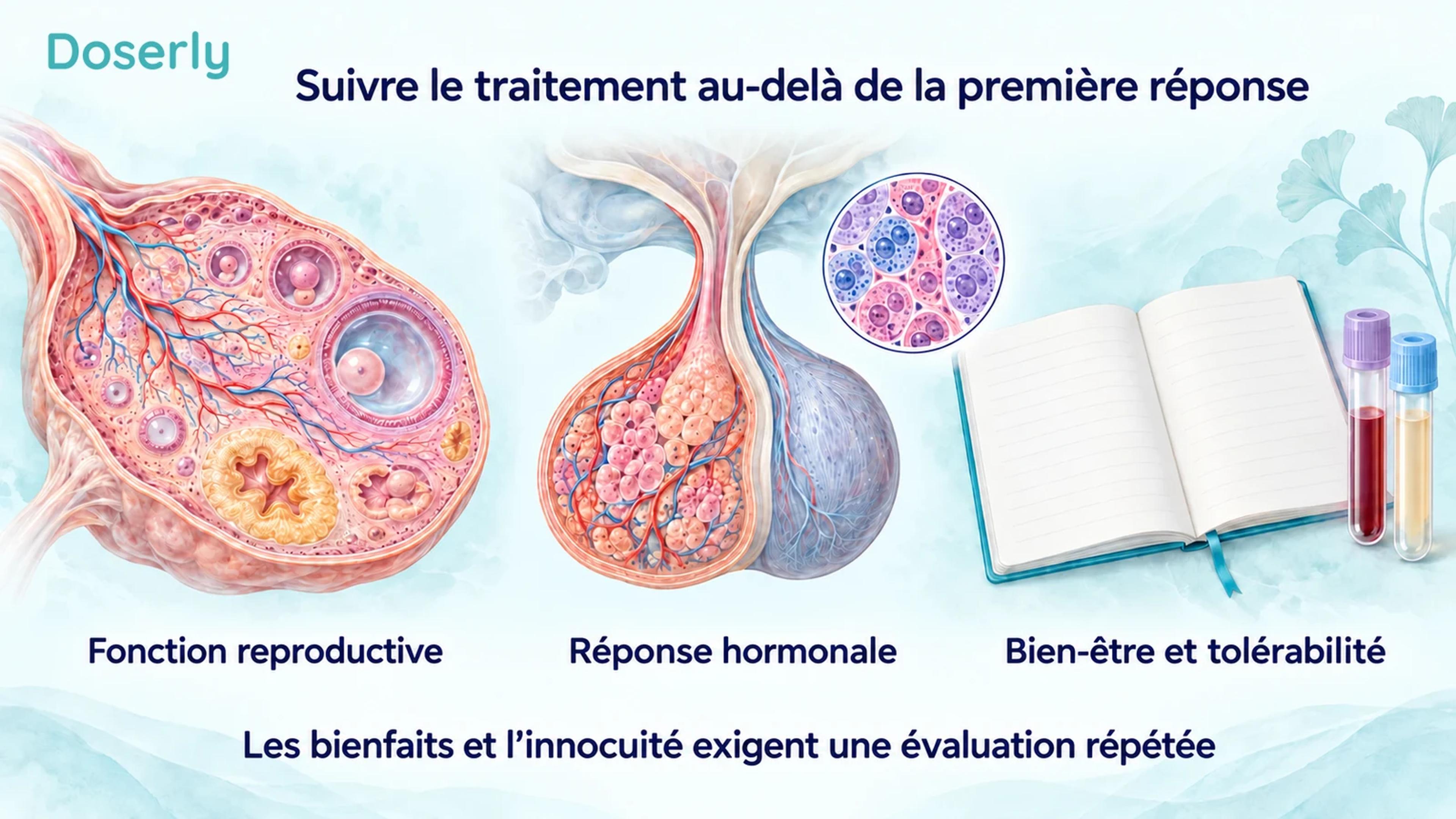 Des coupes détaillées d’un ovaire et de l’hypophyse, à côté d’un carnet vierge et de tubes de prélèvement, illustrent la fonction reproductive, la réponse hormonale et le bien-être pendant le suivi.
