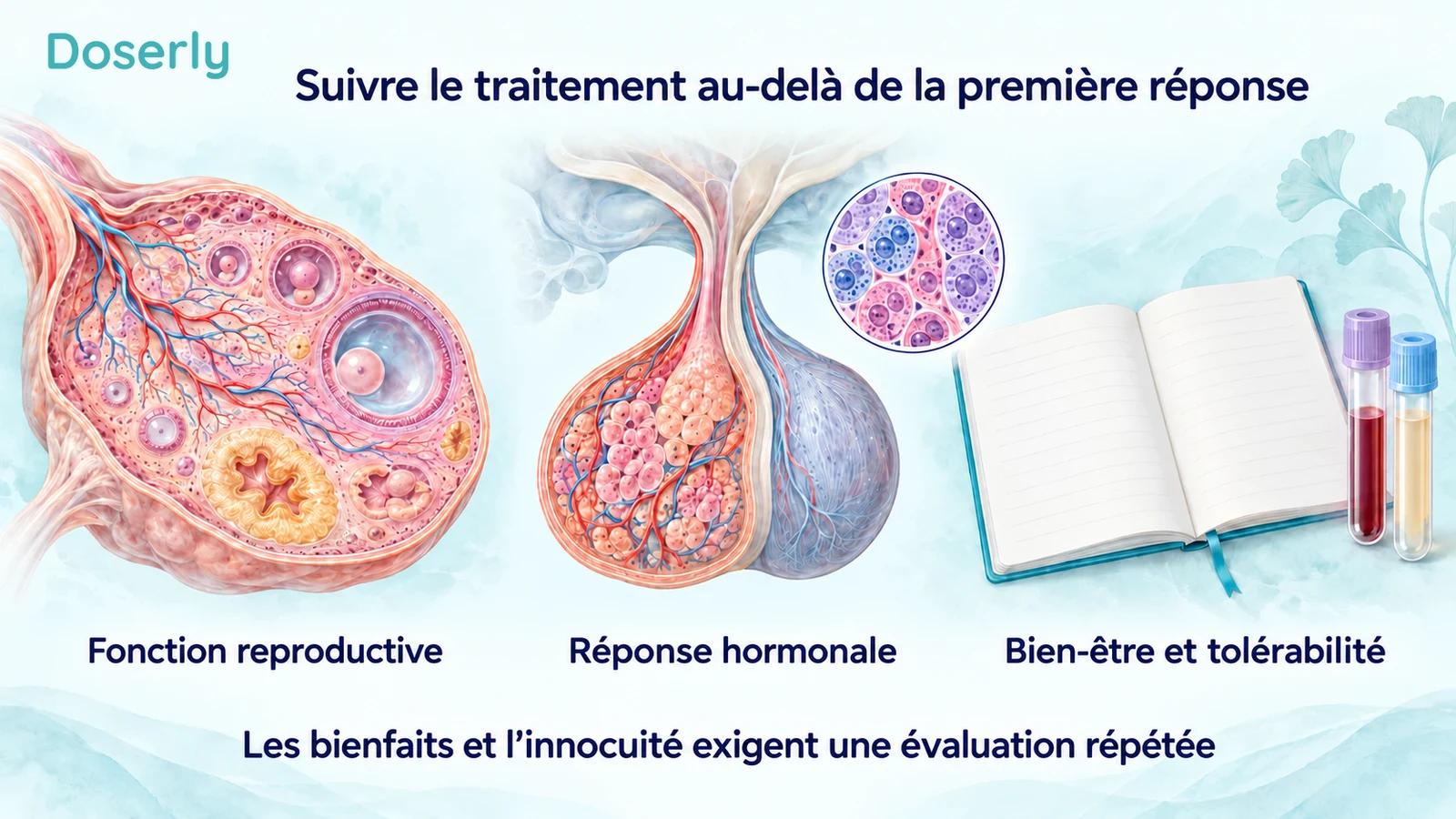 Des coupes détaillées d’un ovaire et de l’hypophyse, à côté d’un carnet vierge et de tubes de prélèvement, illustrent la fonction reproductive, la réponse hormonale et le bien-être pendant le suivi.