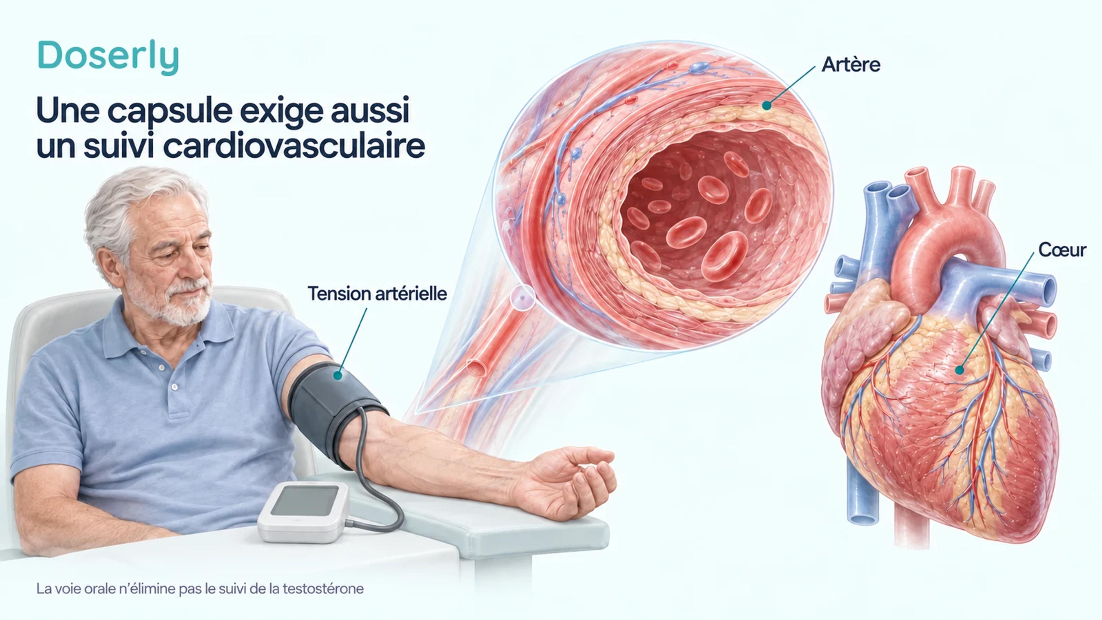 Un patient dont on mesure la tension artérielle au bras, à côté d’une représentation anatomique d’une artère et du cœur.