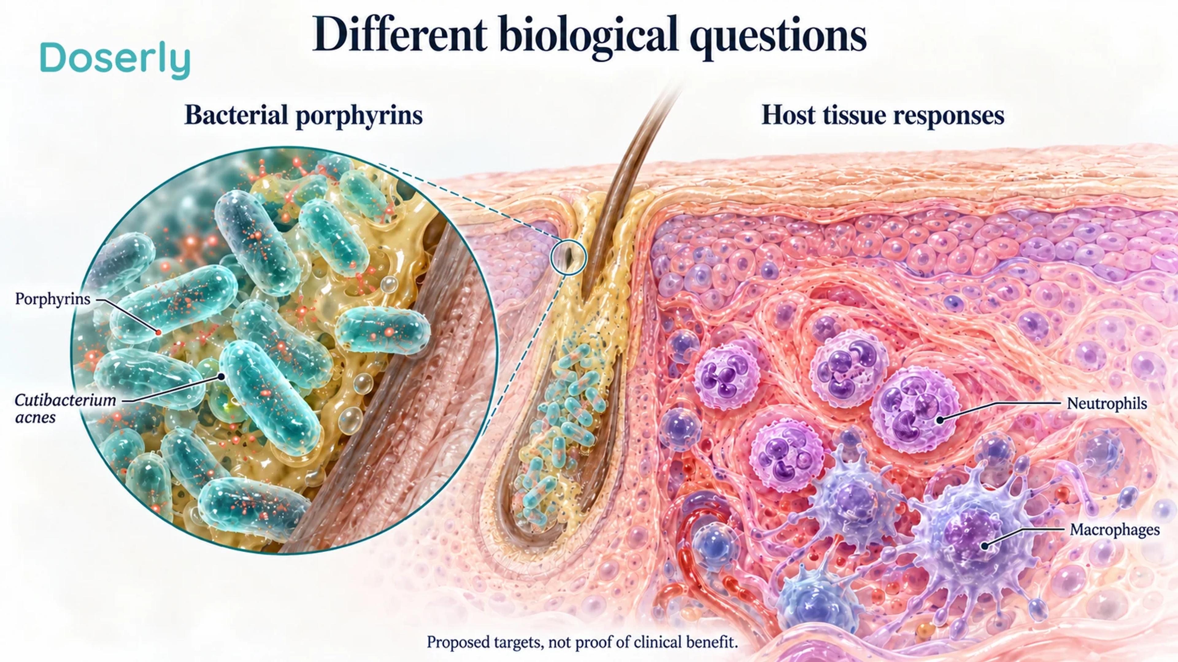 Magnified follicular bacteria and surrounding skin immune cells illustrate different biological targets under investigation.
