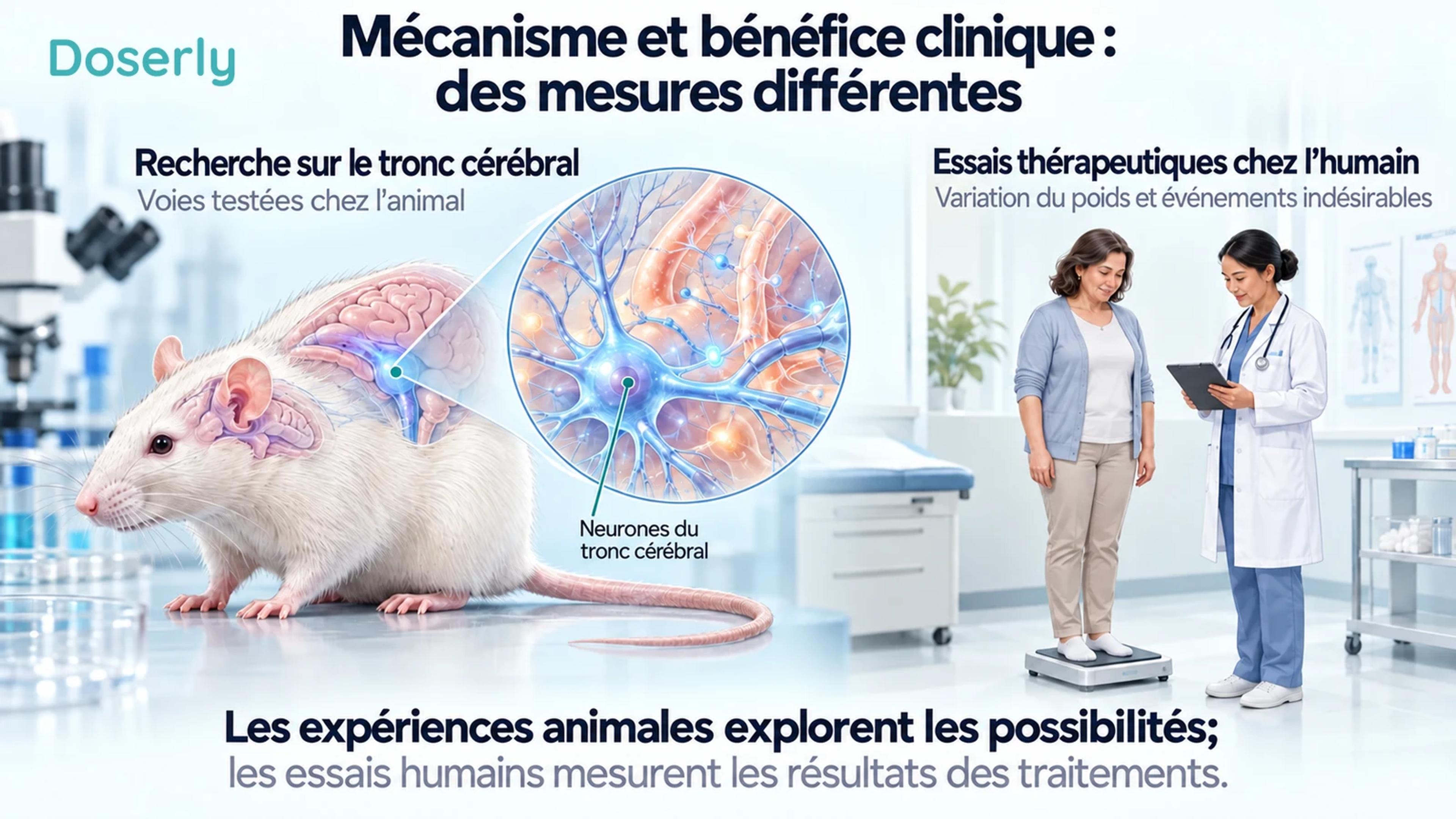 Un rat de laboratoire avec une vue agrandie du tronc cérébral et une scène clinique humaine distincte illustrent différents niveaux de recherche.