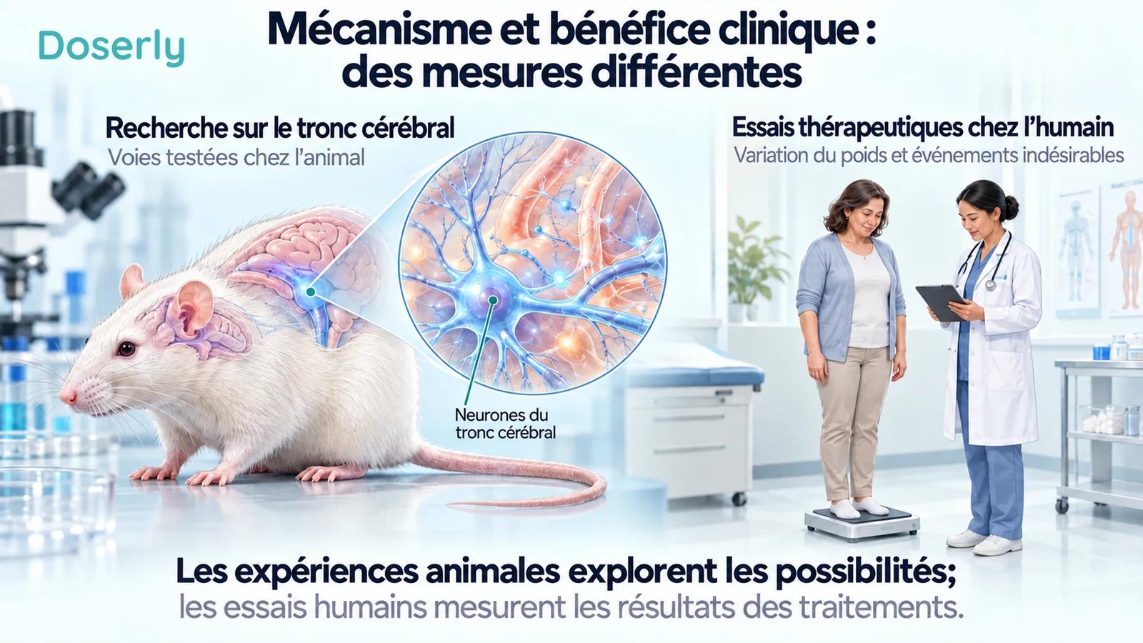 Un rat de laboratoire avec une vue agrandie du tronc cérébral et une scène clinique humaine distincte illustrent différents niveaux de recherche.