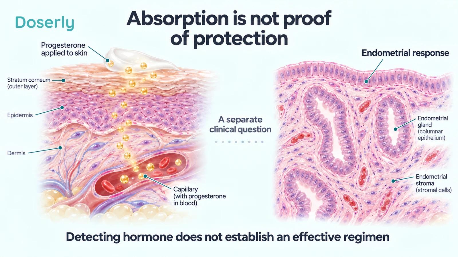 Skin absorption and glandular endometrial tissue are shown as separate stages requiring different evidence.