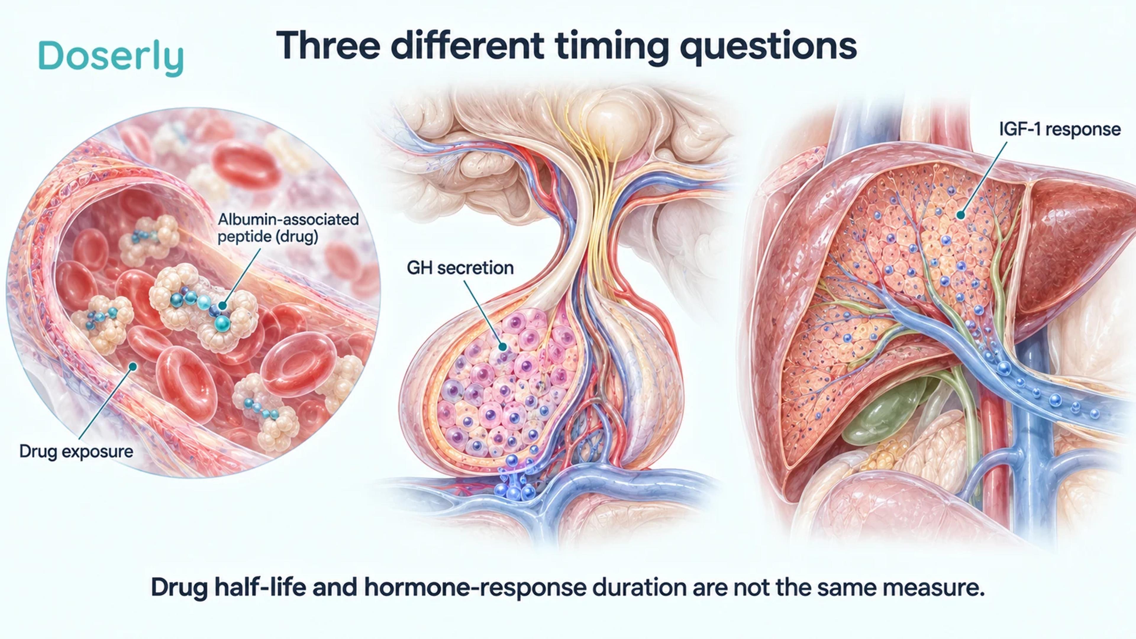 Blood-vessel drug exposure, pituitary GH secretion and liver IGF-1 response are illustrated as three separate timing questions.