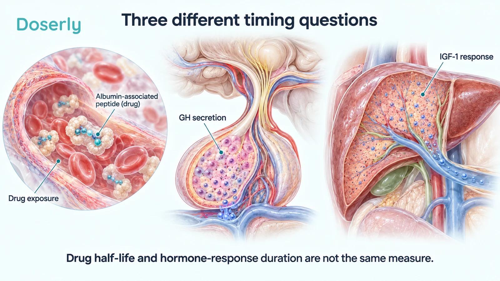 Blood-vessel drug exposure, pituitary GH secretion and liver IGF-1 response are illustrated as three separate timing questions.