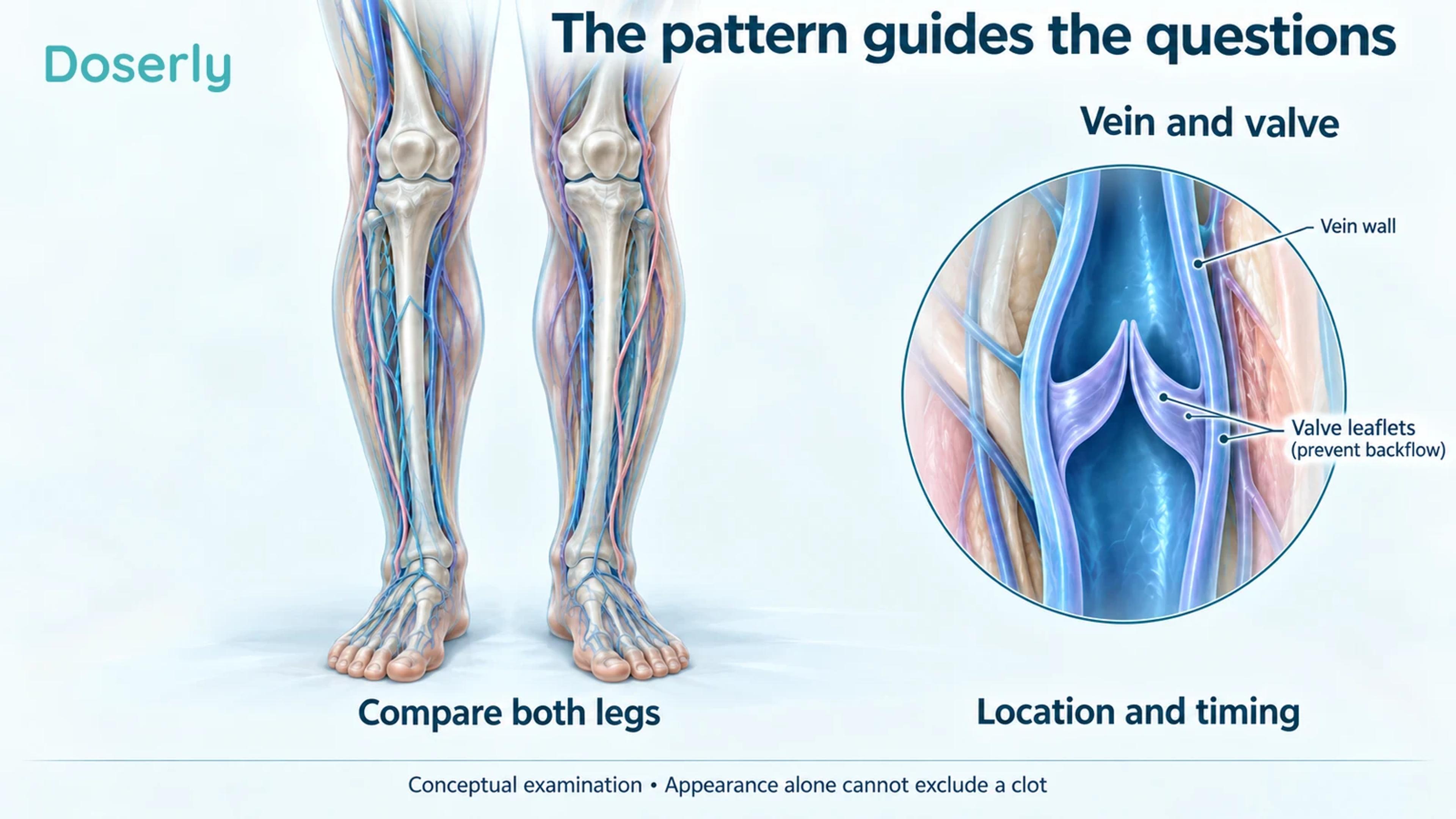 Both lower legs are shown beside a magnified venous segment, emphasizing examination of the distribution of swelling.