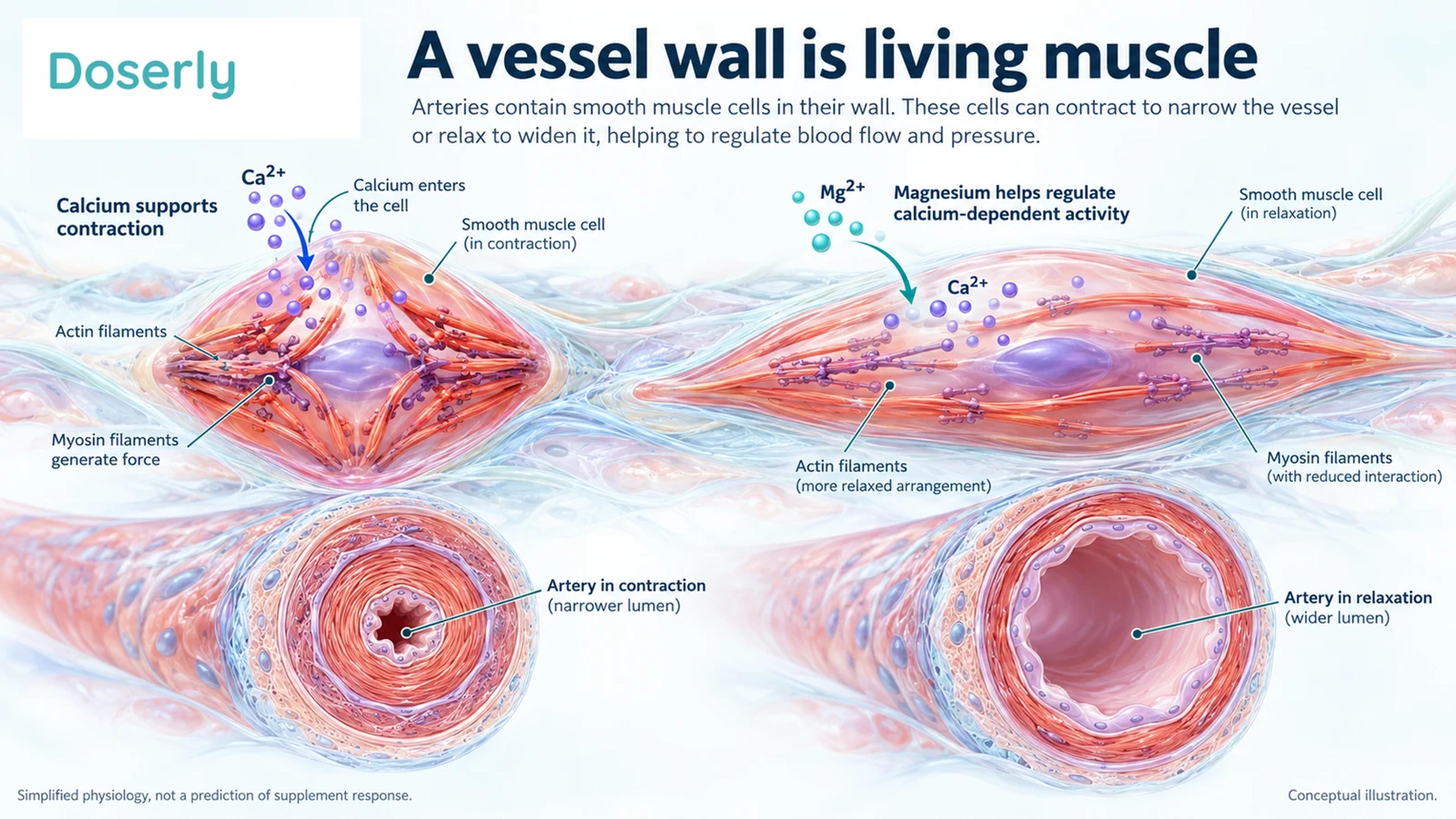 Enlarged smooth muscle cells and artery cross sections illustrate contraction and relaxation, with calcium and magnesium shown as simplified signaling symbols.