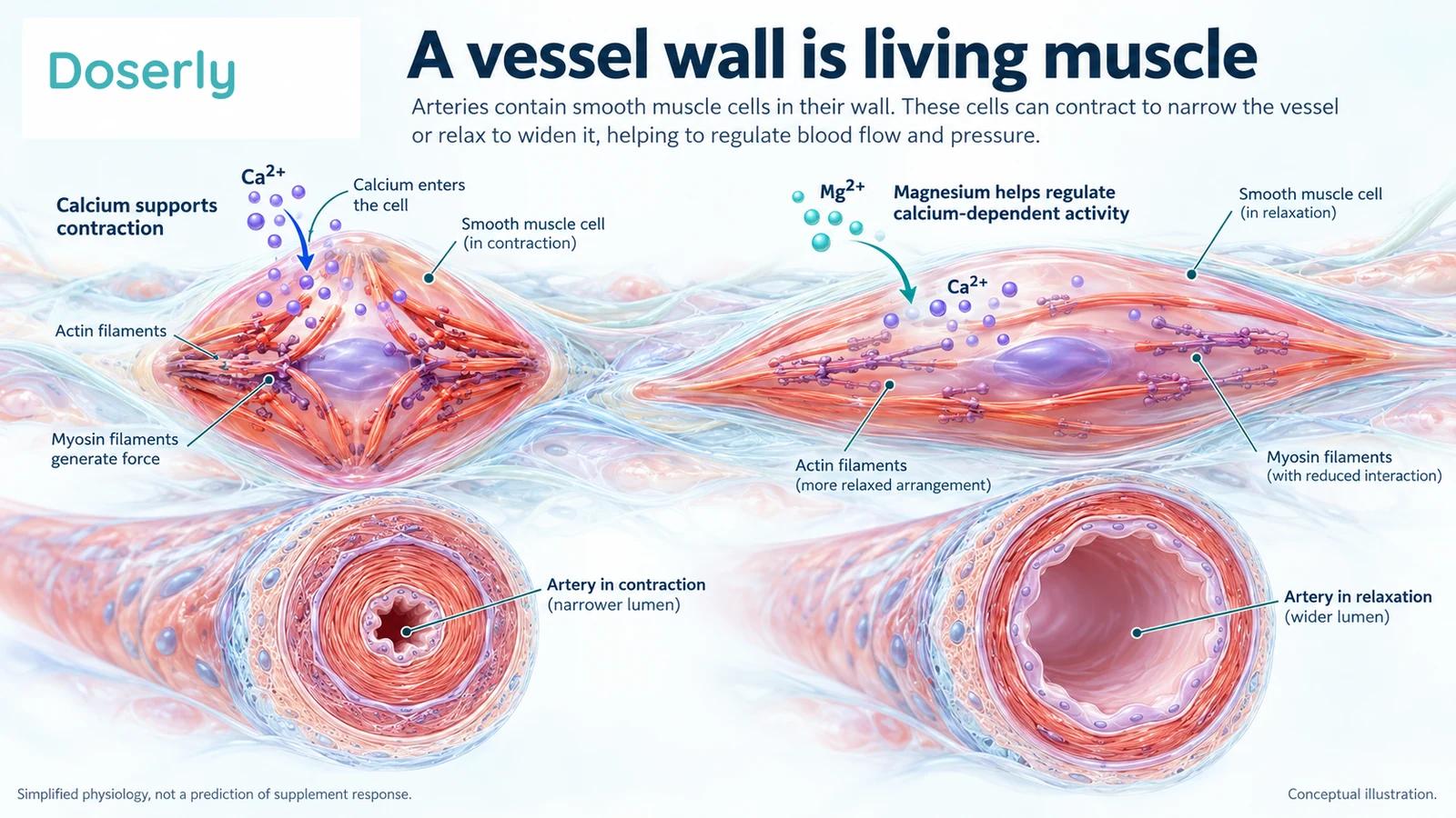Enlarged smooth muscle cells and artery cross sections illustrate contraction and relaxation, with calcium and magnesium shown as simplified signaling symbols.
