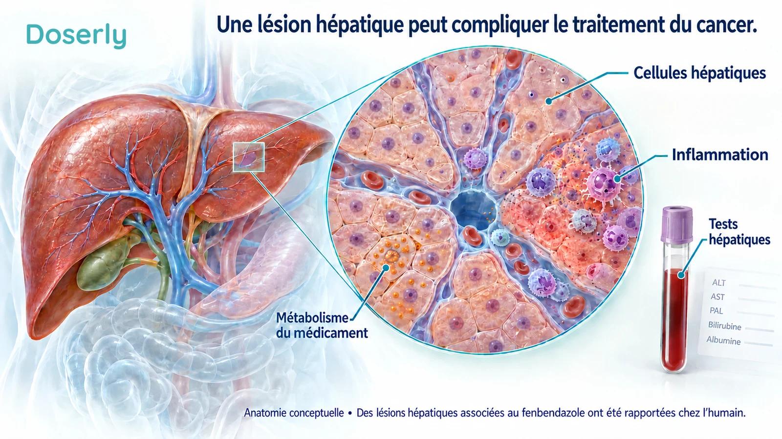 Anatomie du foie avec une vue conceptuelle agrandie des cellules hépatiques et de l’inflammation, à côté d’un échantillon de sang pour des tests hépatiques.