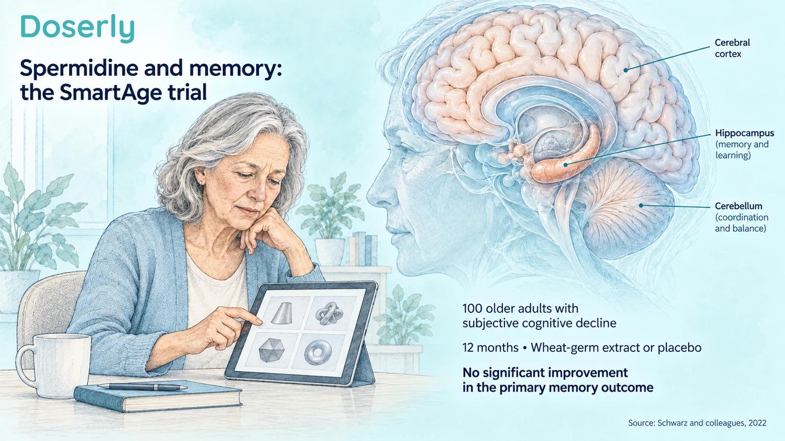 An older adult completing a conceptual memory task beside brain anatomy and the SmartAge trial's primary finding.