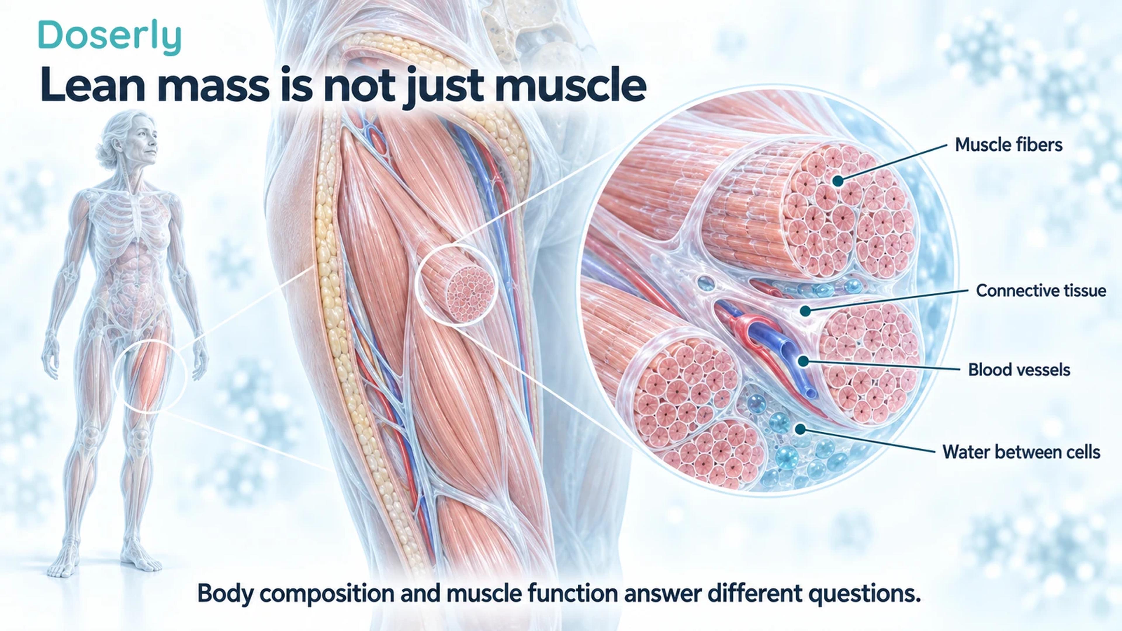 Thigh muscle cutaway showing fibers, connective tissue, blood vessels and conceptual water between cells.