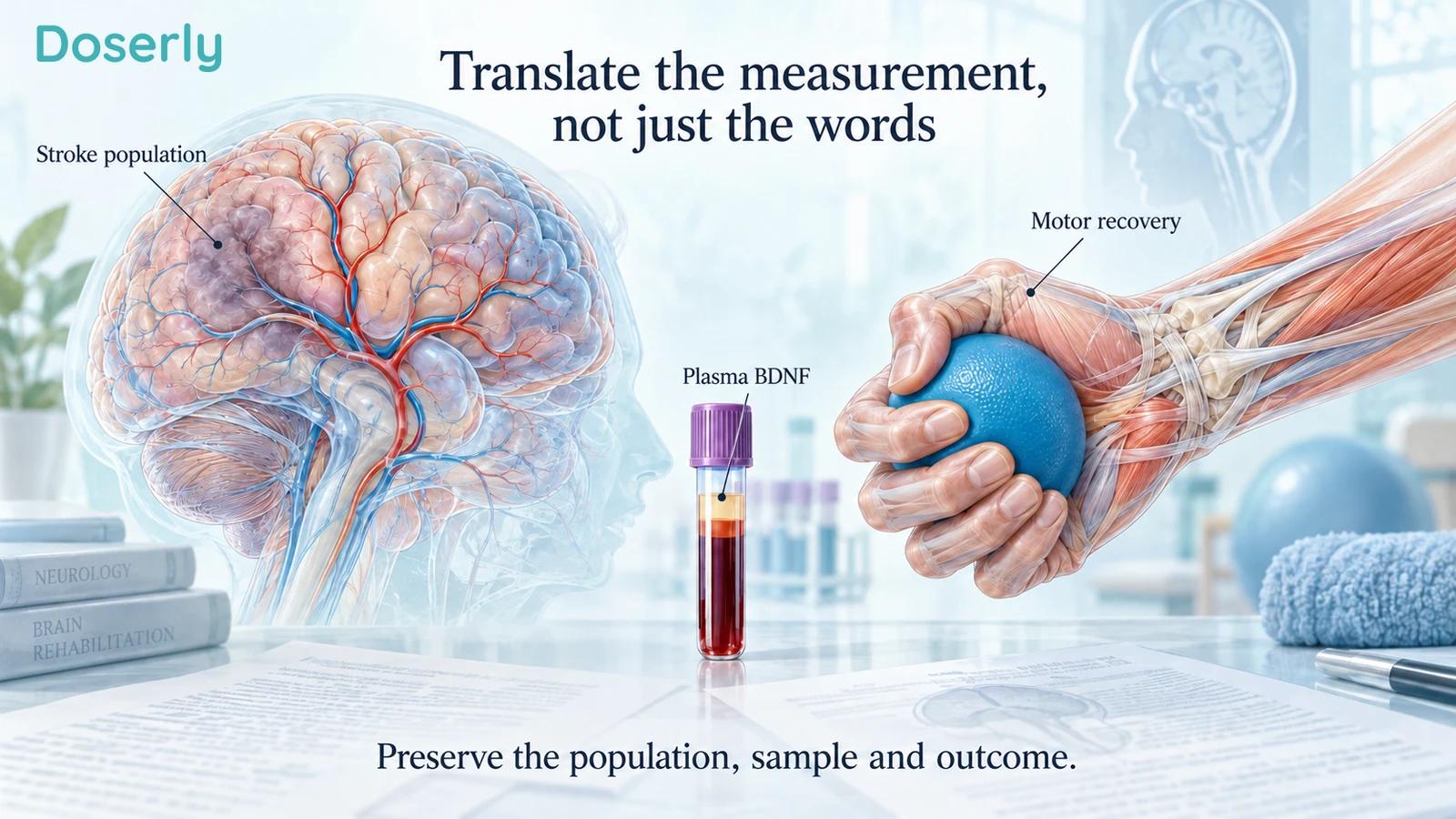 Detailed brain, blood sample and rehabilitation hand illustrating the population, sample and outcome that a translation must preserve.
