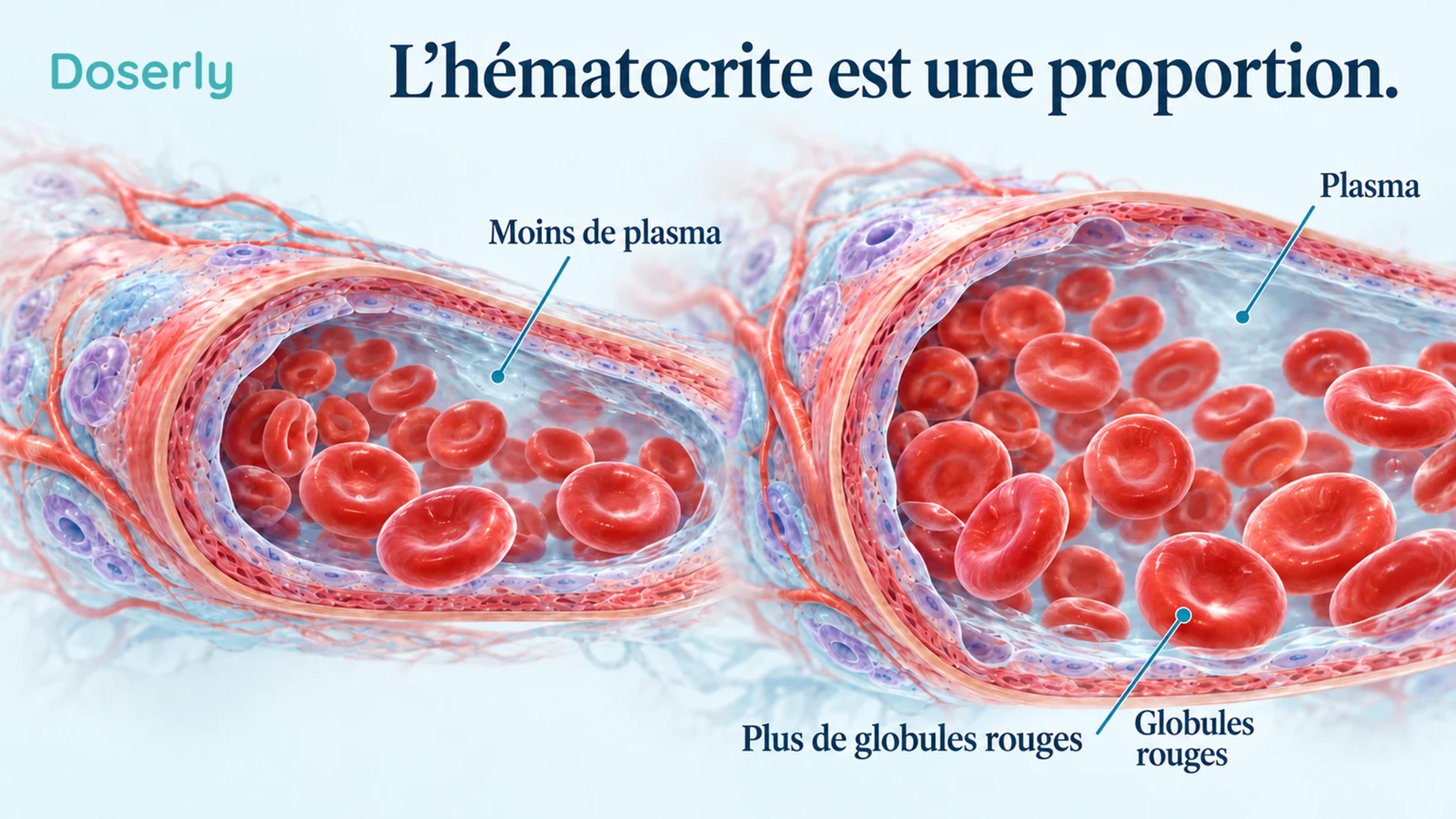Deux coupes de vaisseaux sanguins distinguent une réduction du volume plasmatique d’une augmentation de la production de globules rouges, sans montrer de valeurs mesurées chez des patients.