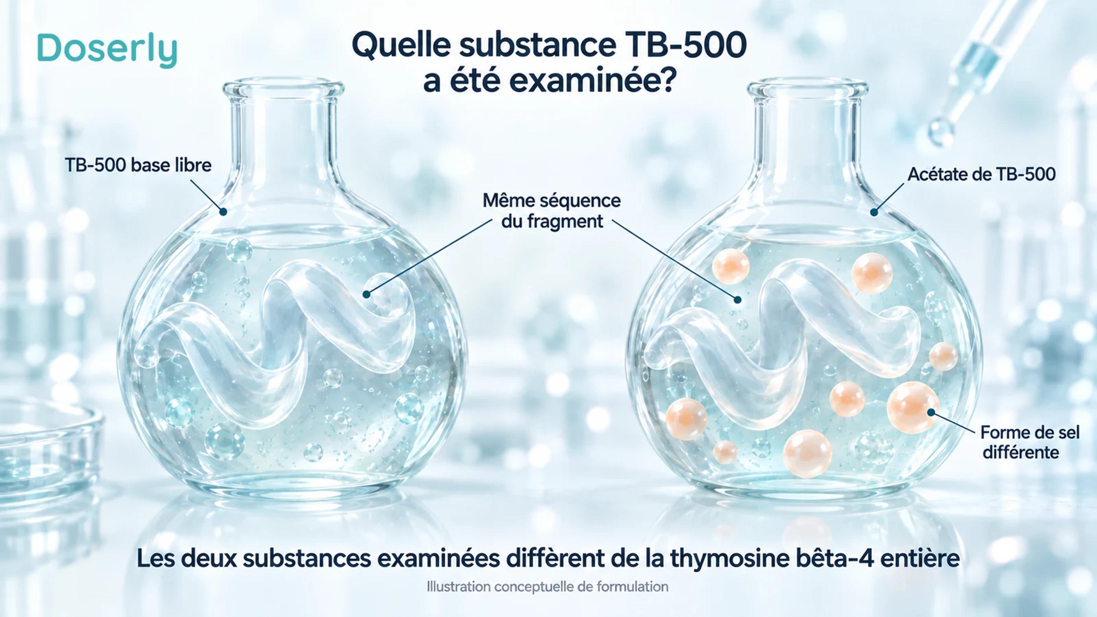 Représentation conceptuelle des préparations sous forme de base libre et d’acétate du même court fragment de TB-500, dans des récipients de laboratoire distincts.