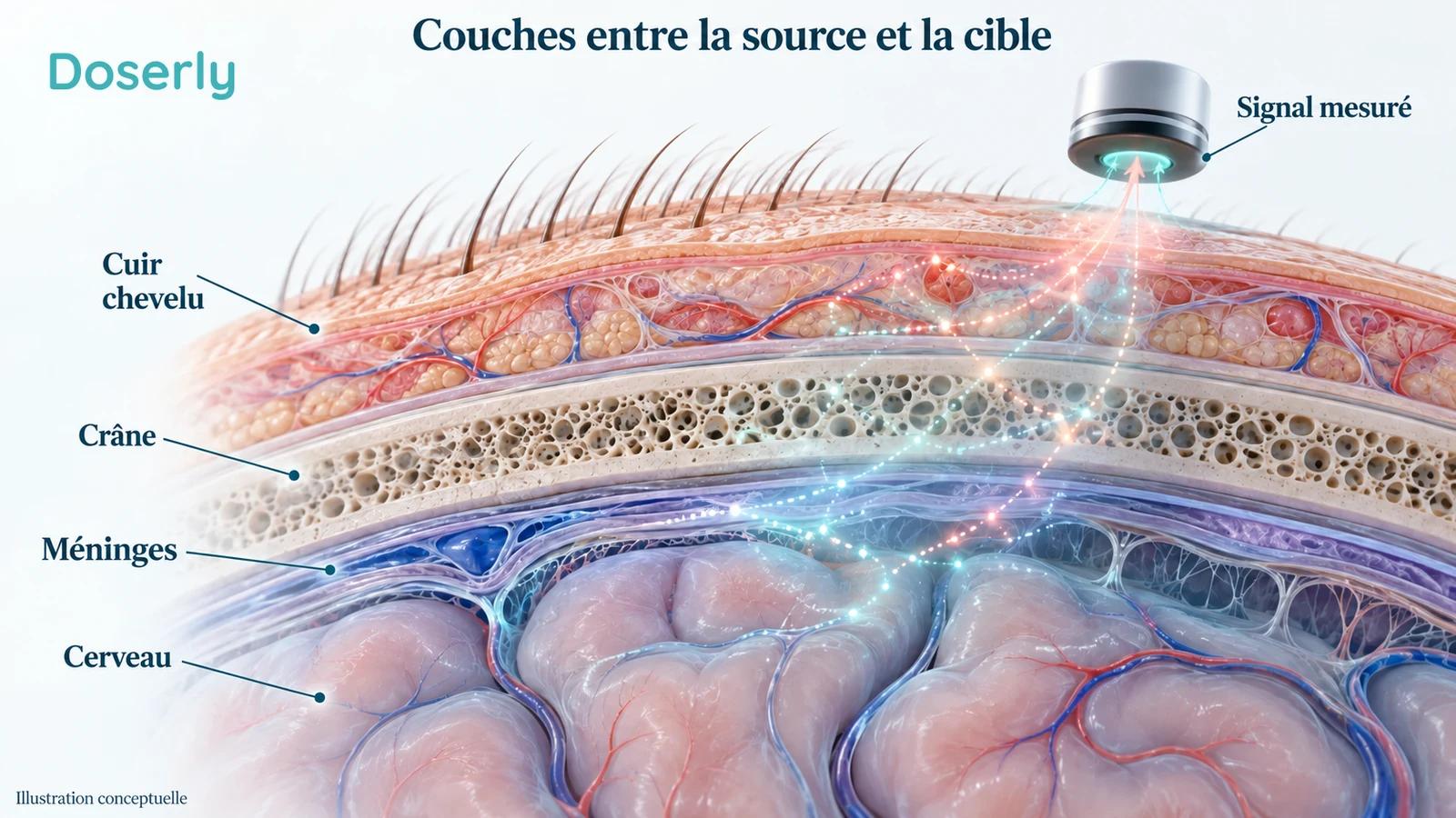 Coupe du cuir chevelu, du crâne, des méninges et du cerveau montrant des trajets lumineux qui s’atténuent et se diffusent, avec une sonde de mesure distincte.