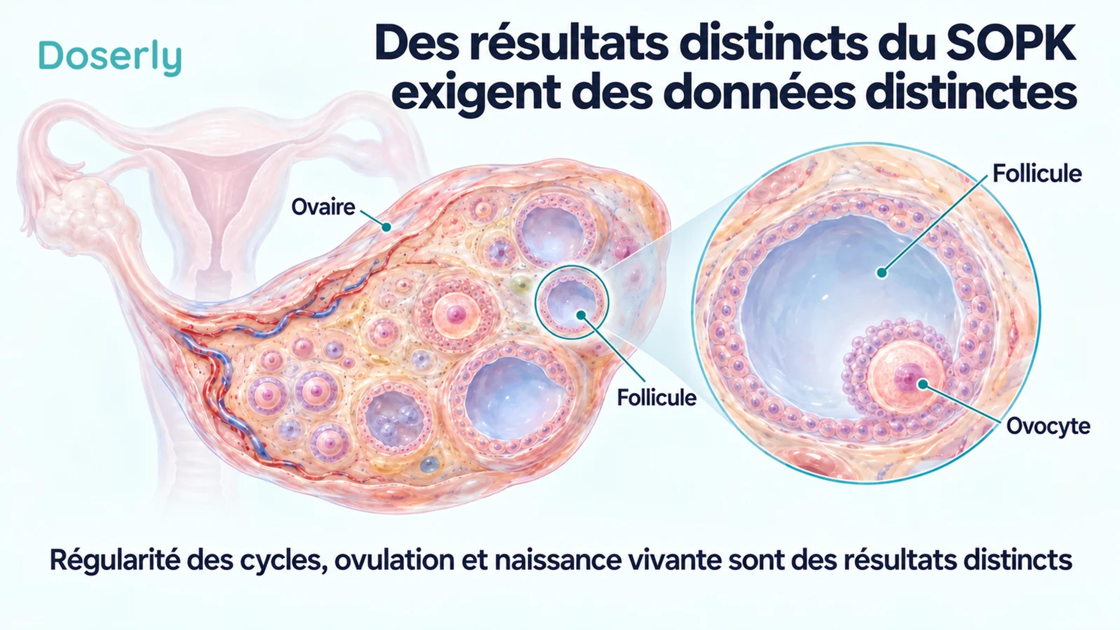 Illustration détaillée d’un ovaire et d’un follicule avec un ovocyte, montrant l’anatomie liée à des résultats reproductifs distincts