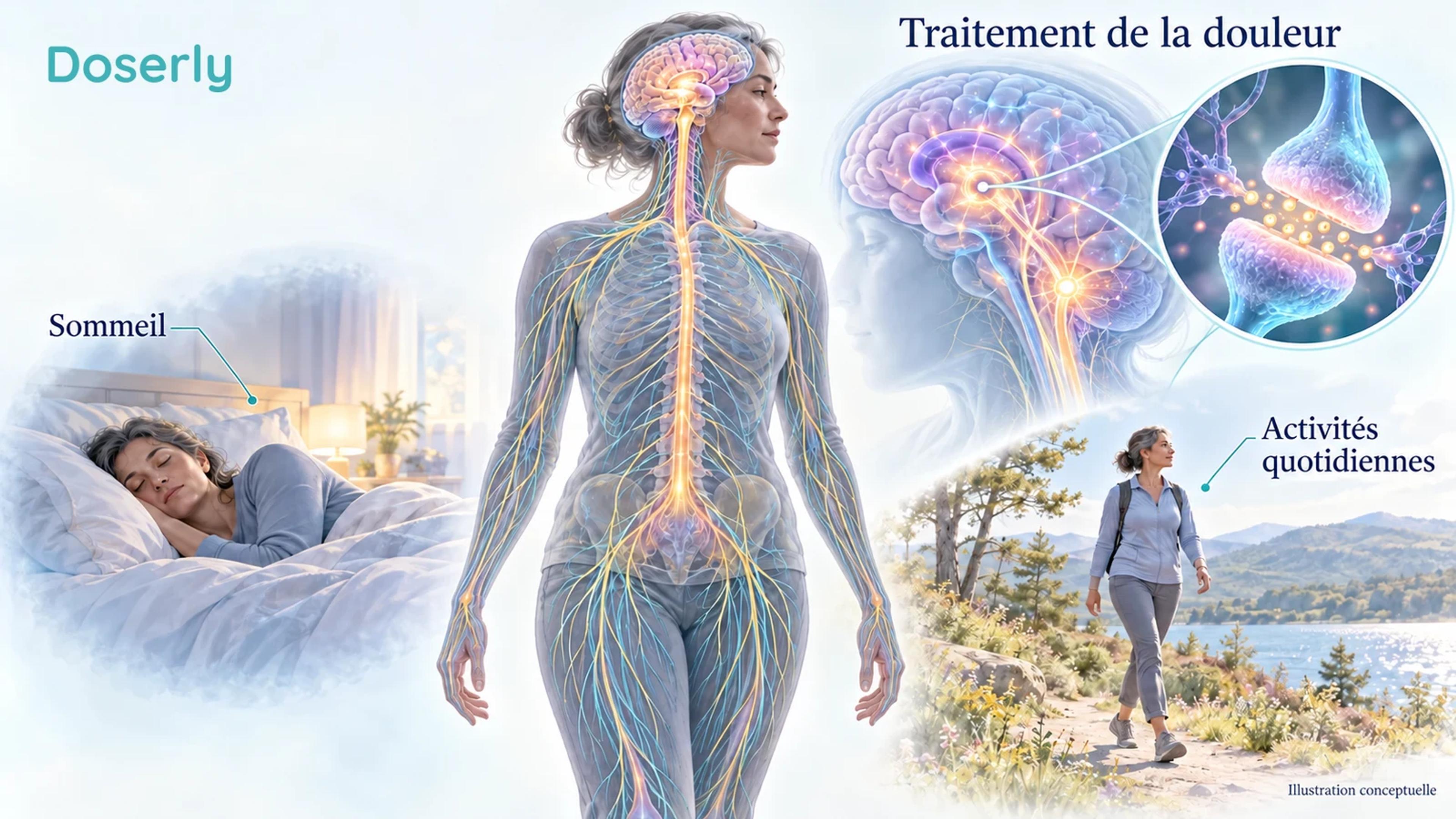 Un système nerveux humain translucide relie le cerveau, la moelle épinière et les nerfs périphériques, avec des scènes distinctes de sommeil et d’activités quotidiennes.