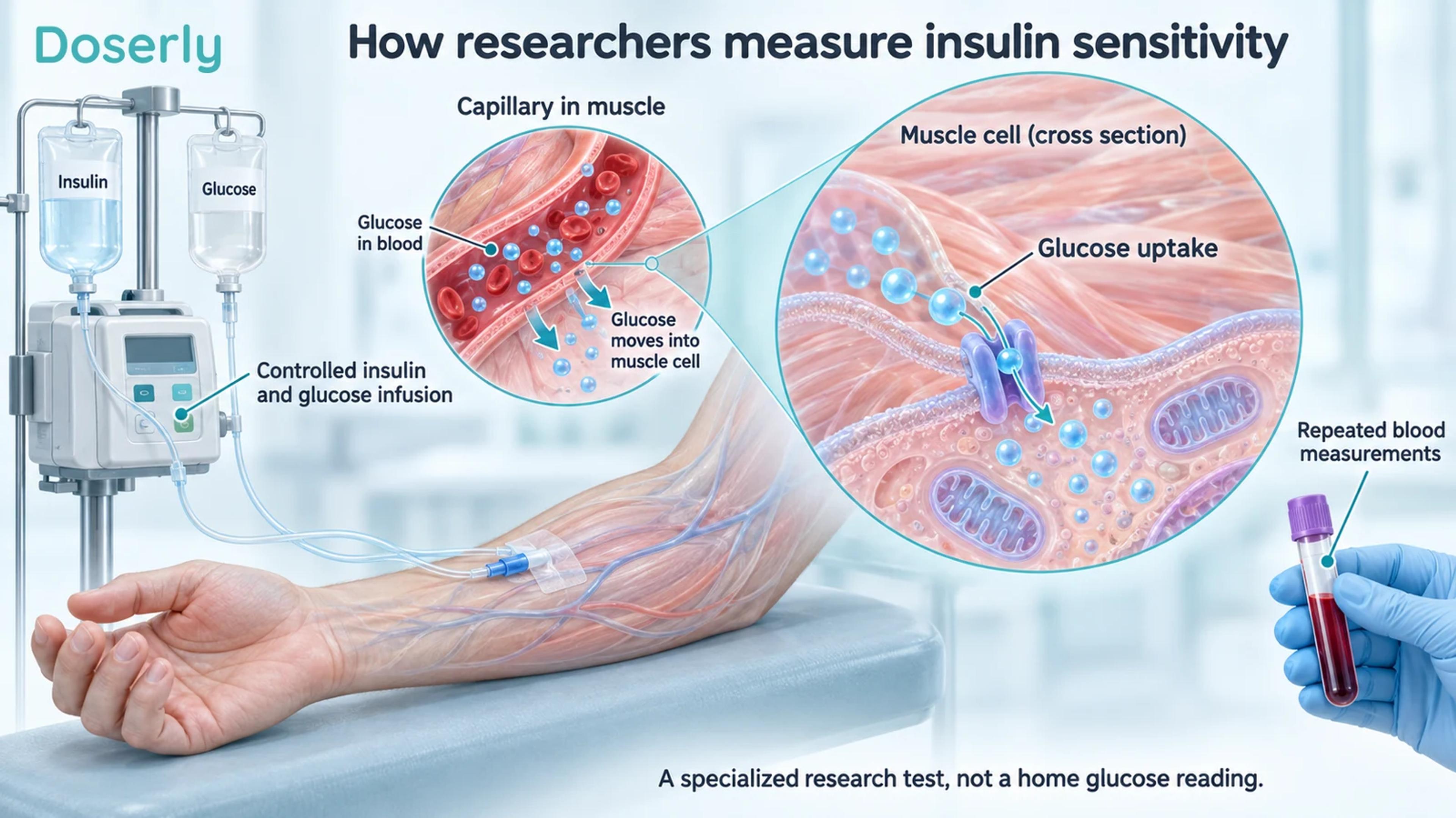 Controlled insulin and glucose infusion, a forearm blood vessel and muscle glucose uptake illustrating a research clamp.