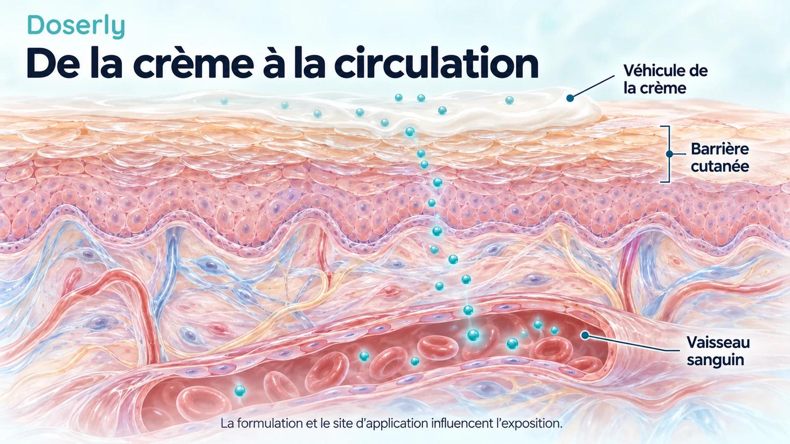 Une coupe détaillée de la peau montre le véhicule d’une crème au-dessus de la barrière cutanée et un vaisseau sanguin du derme en dessous, illustrant le passage vers la circulation.