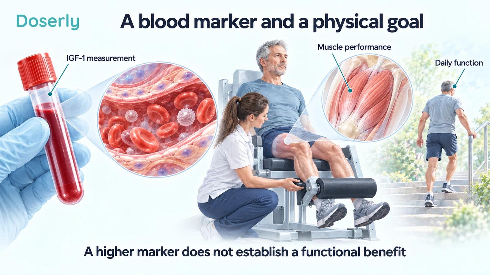 Blood sample and vessel inset beside a supervised leg-strength test and a person using stairs.