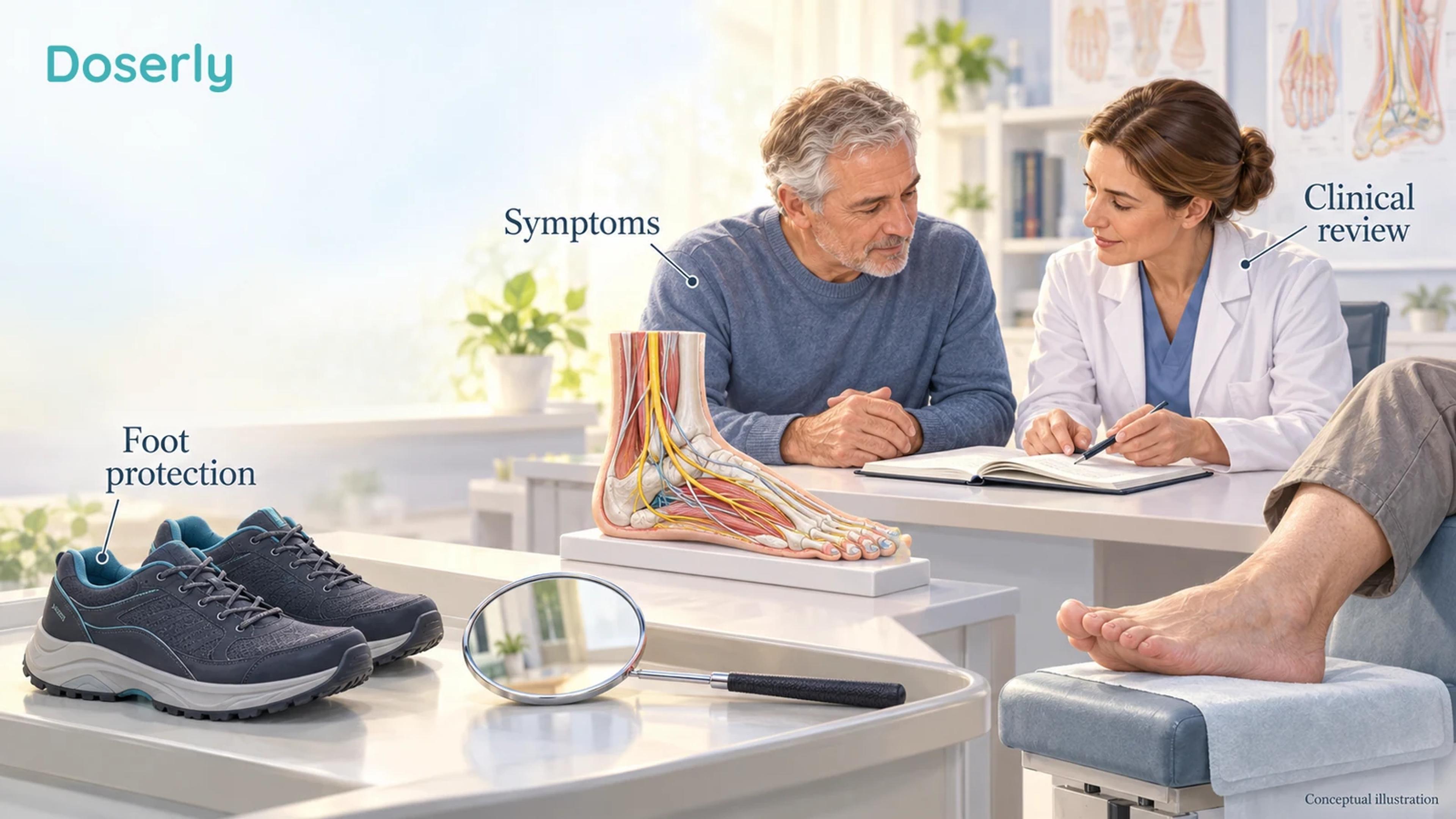 A clinician and patient review a blank notebook beside protective shoes, a foot mirror and an anatomical nerve model.