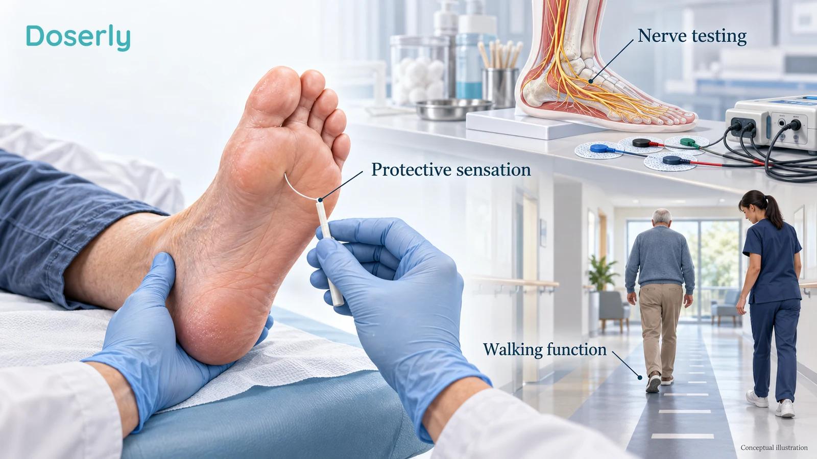 A clinician examines foot sensation with a monofilament while separate teaching scenes show a walking assessment and an electrical nerve test.