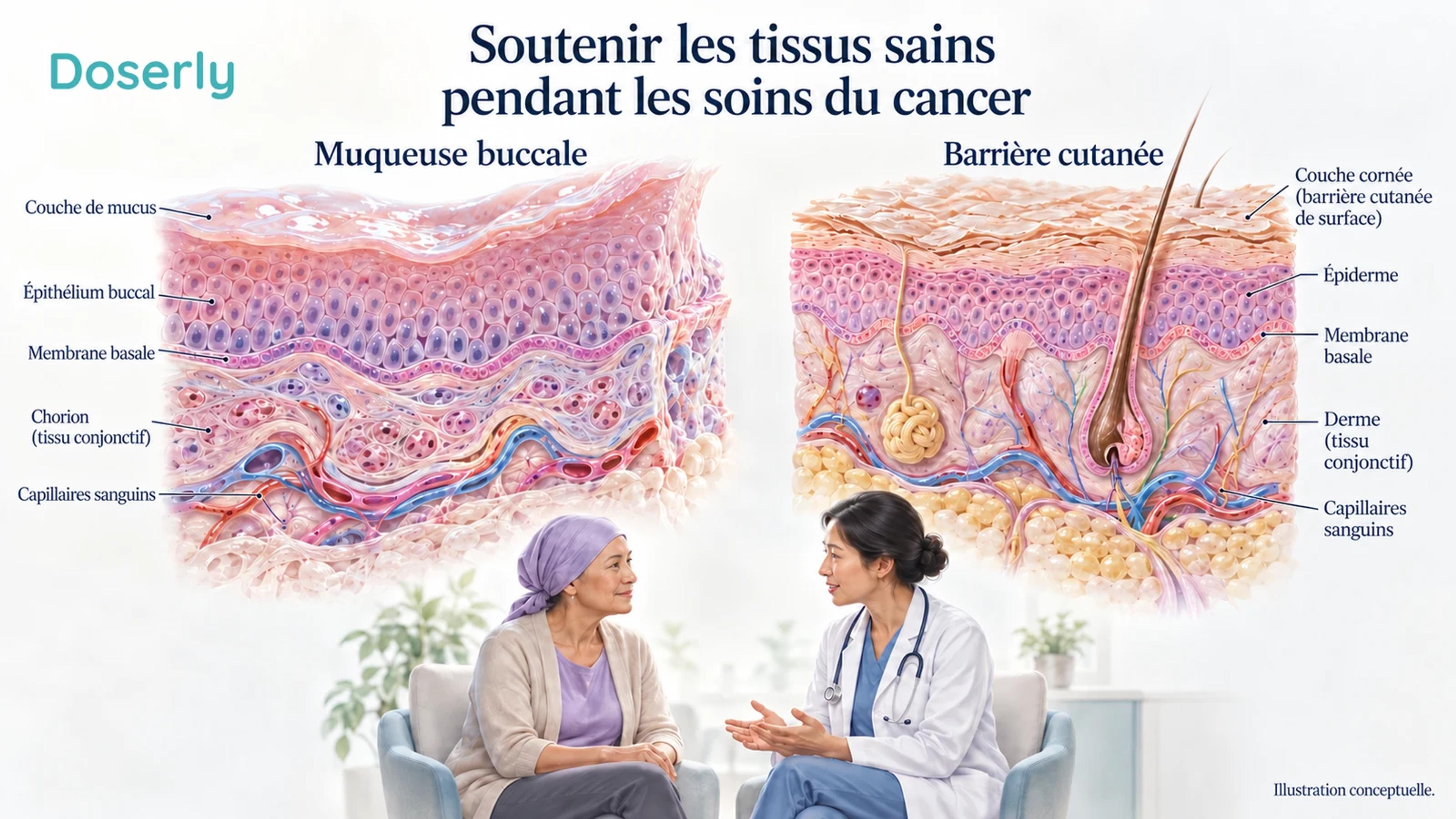 Des coupes détaillées de la muqueuse buccale et de la peau apparaissent au-dessus d’un patient et d’un clinicien qui discutent des soins de soutien.