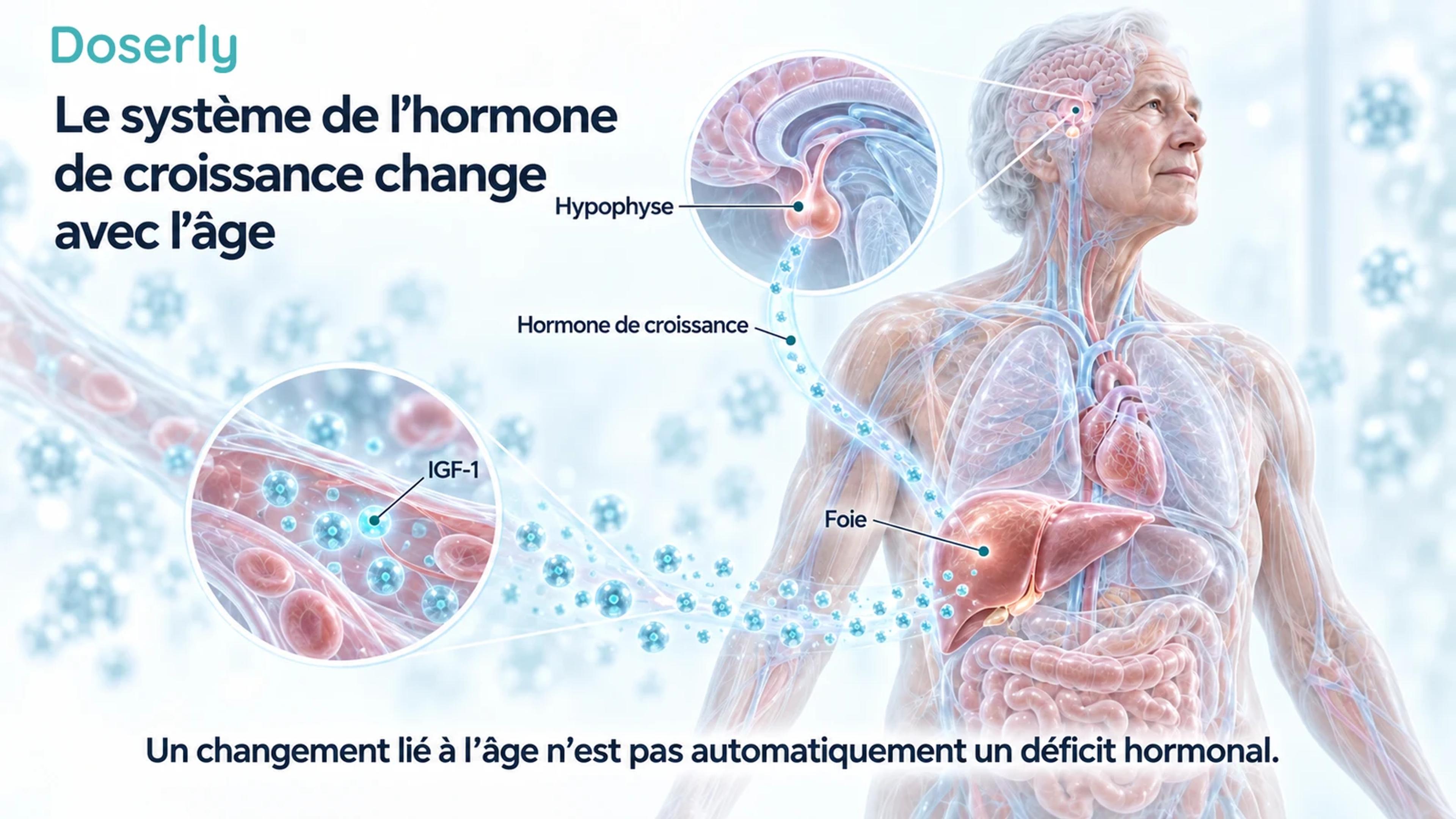 Adulte âgé avec des encadrés montrant l’hypophyse et le foie pour illustrer la relation entre l’hormone de croissance et l’IGF-1 en circulation.