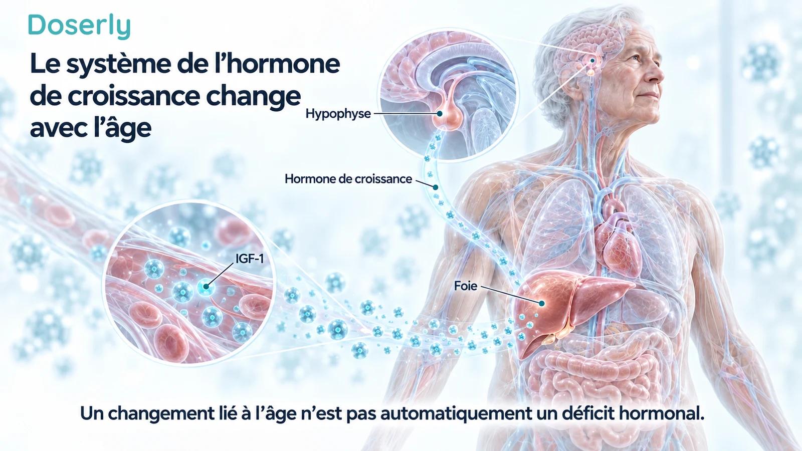Adulte âgé avec des encadrés montrant l’hypophyse et le foie pour illustrer la relation entre l’hormone de croissance et l’IGF-1 en circulation.