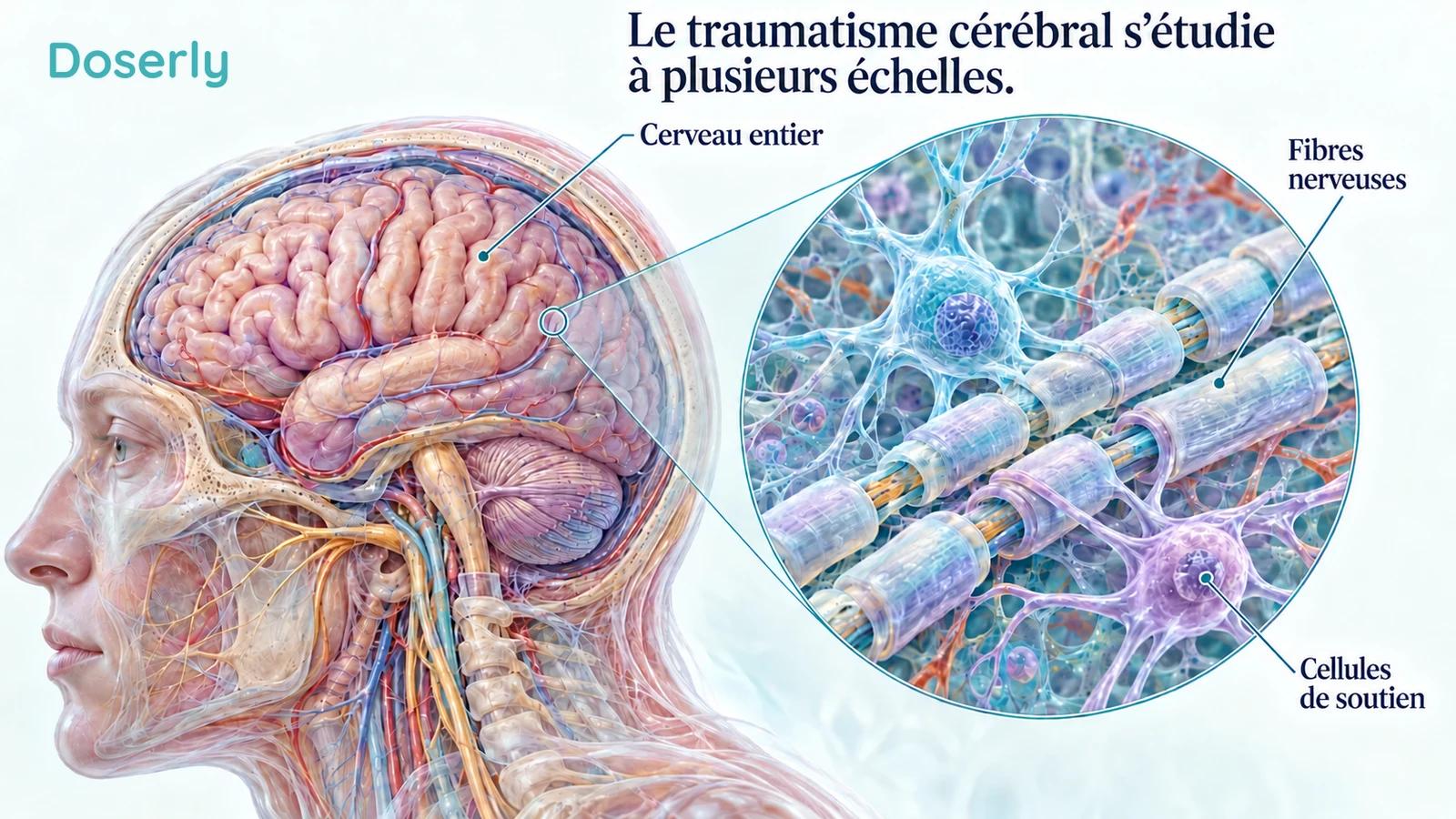 Une coupe conceptuelle de la tête et des fibres nerveuses agrandies illustrent les différentes échelles examinées après un traumatisme cérébral.
