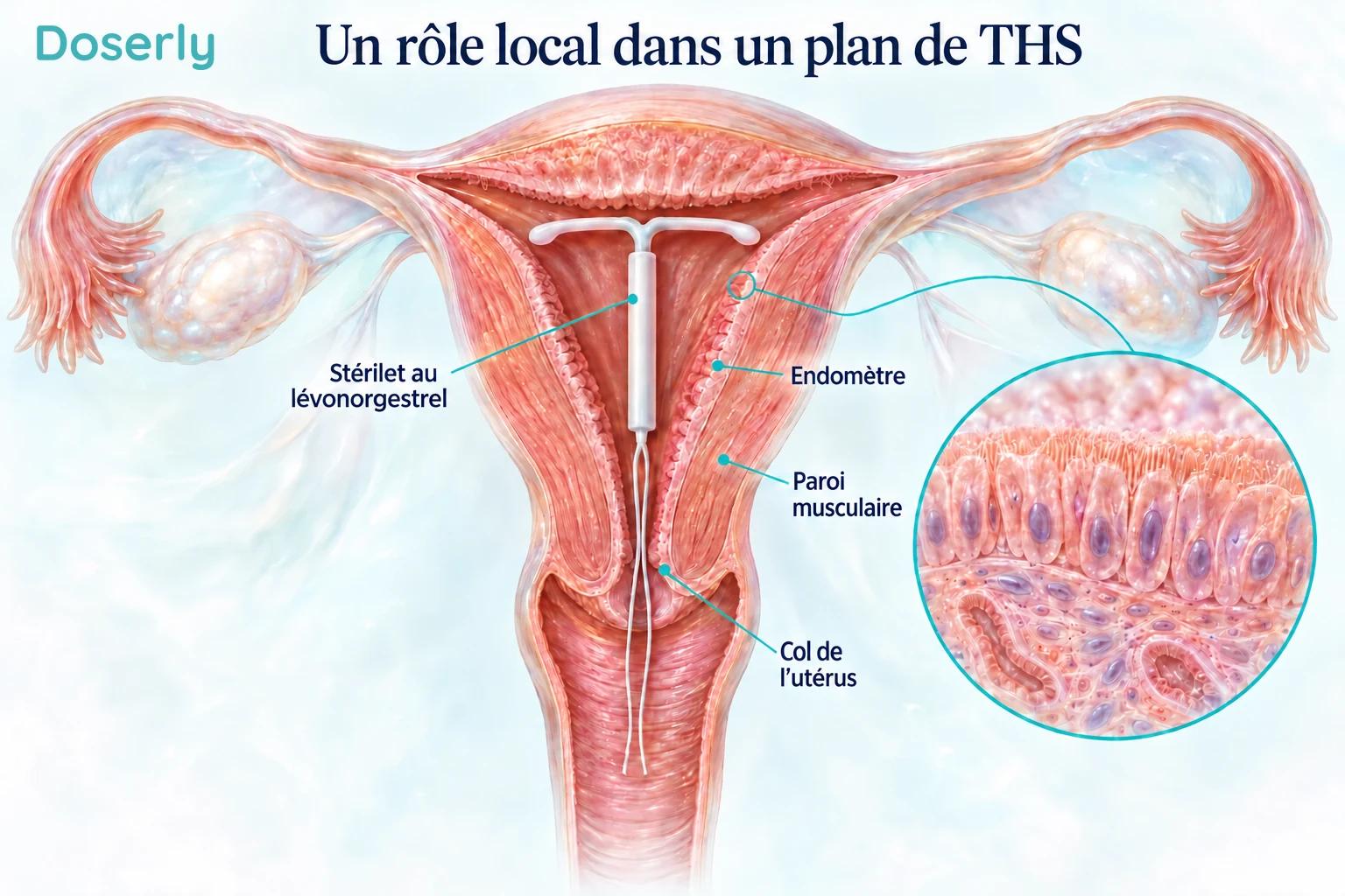 Vue en coupe de l’utérus montrant un stérilet hormonal dans la cavité et une illustration agrandie de l’endomètre.