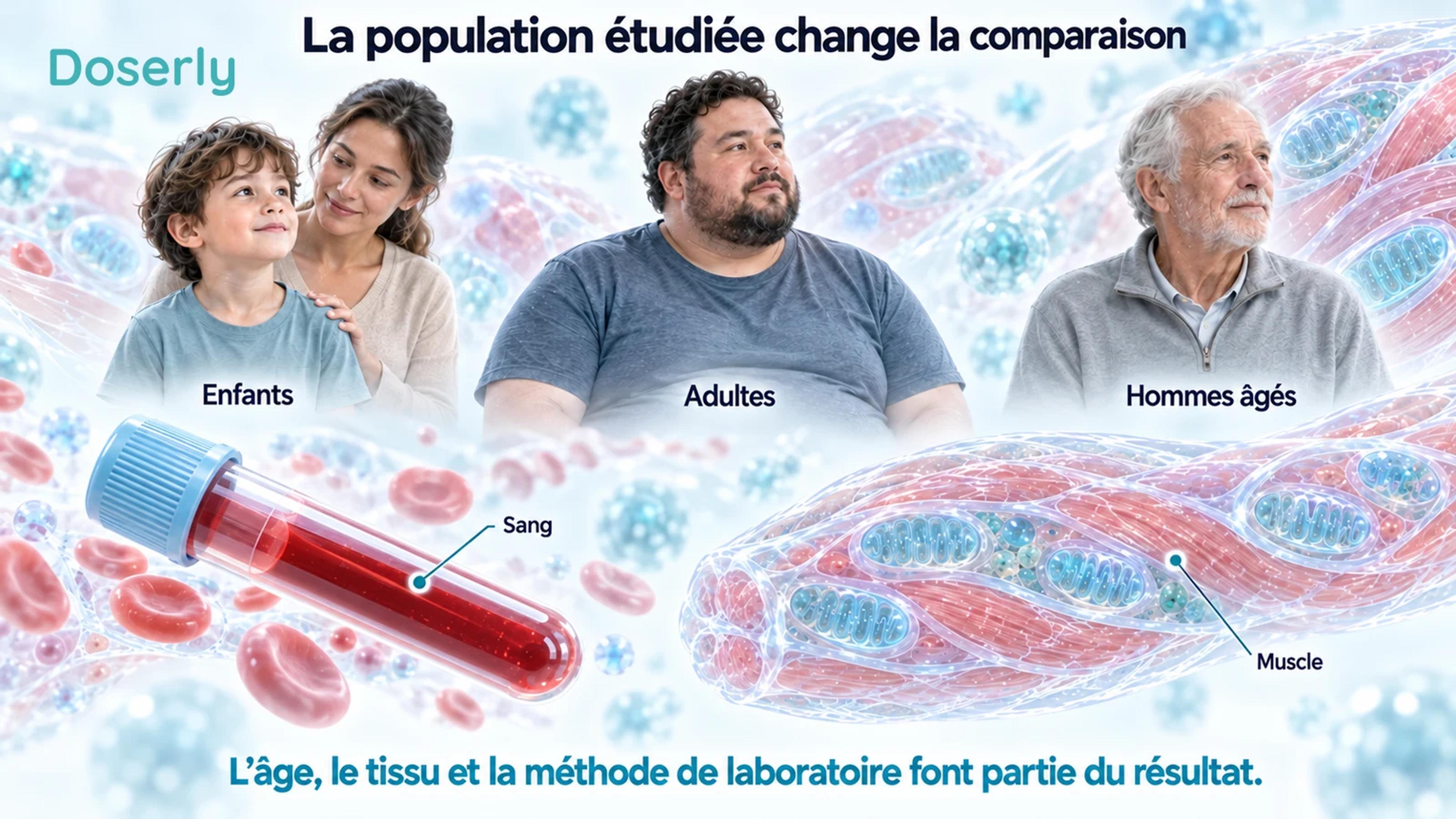Portraits conceptuels de différents groupes d’âge, à côté d’échantillons distincts de sang et de muscle.