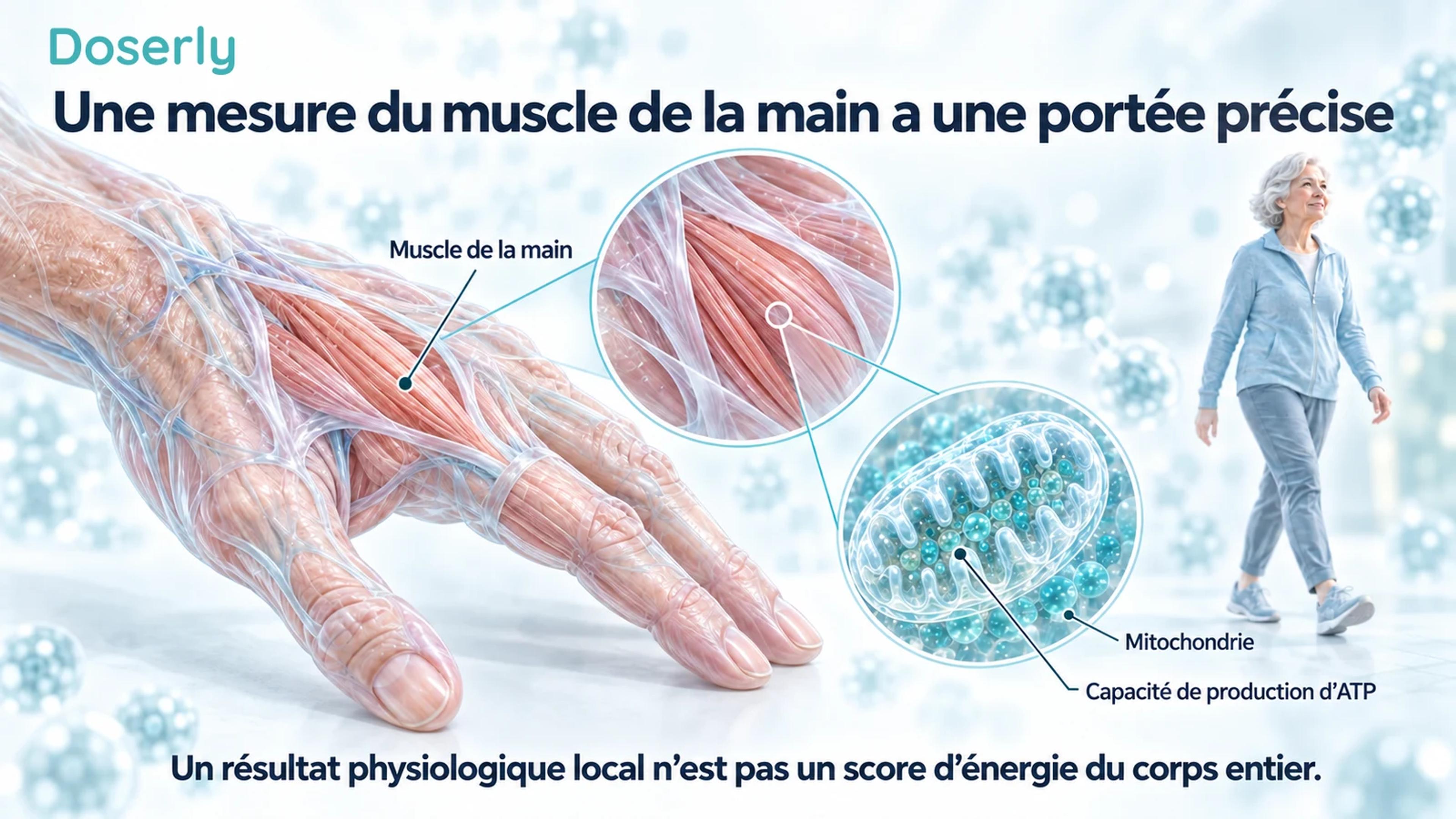 Illustration détaillée de la main d’un adulte âgé, avec un agrandissement d’un muscle de la main et d’une mitochondrie.