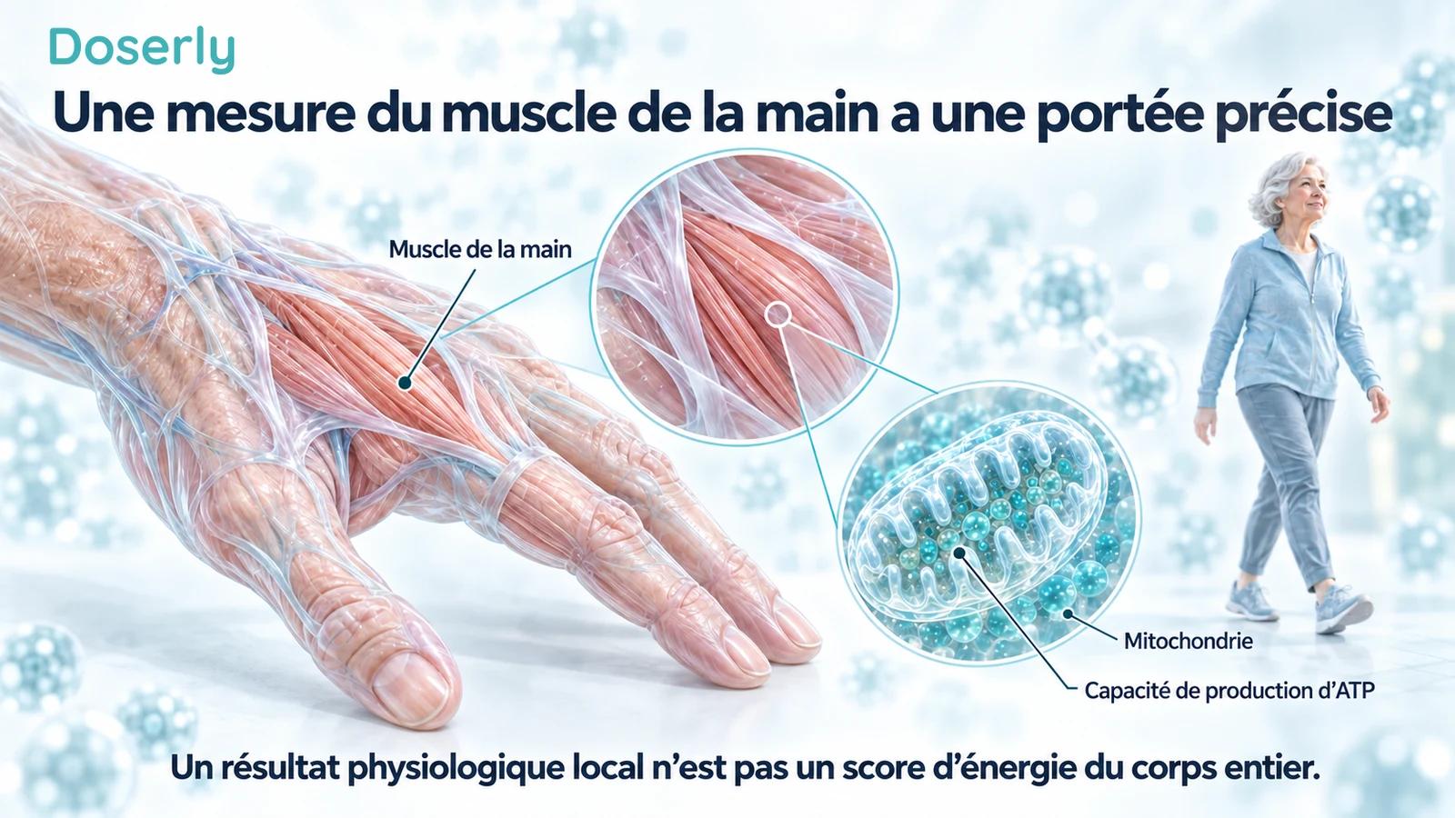 Illustration détaillée de la main d’un adulte âgé, avec un agrandissement d’un muscle de la main et d’une mitochondrie.