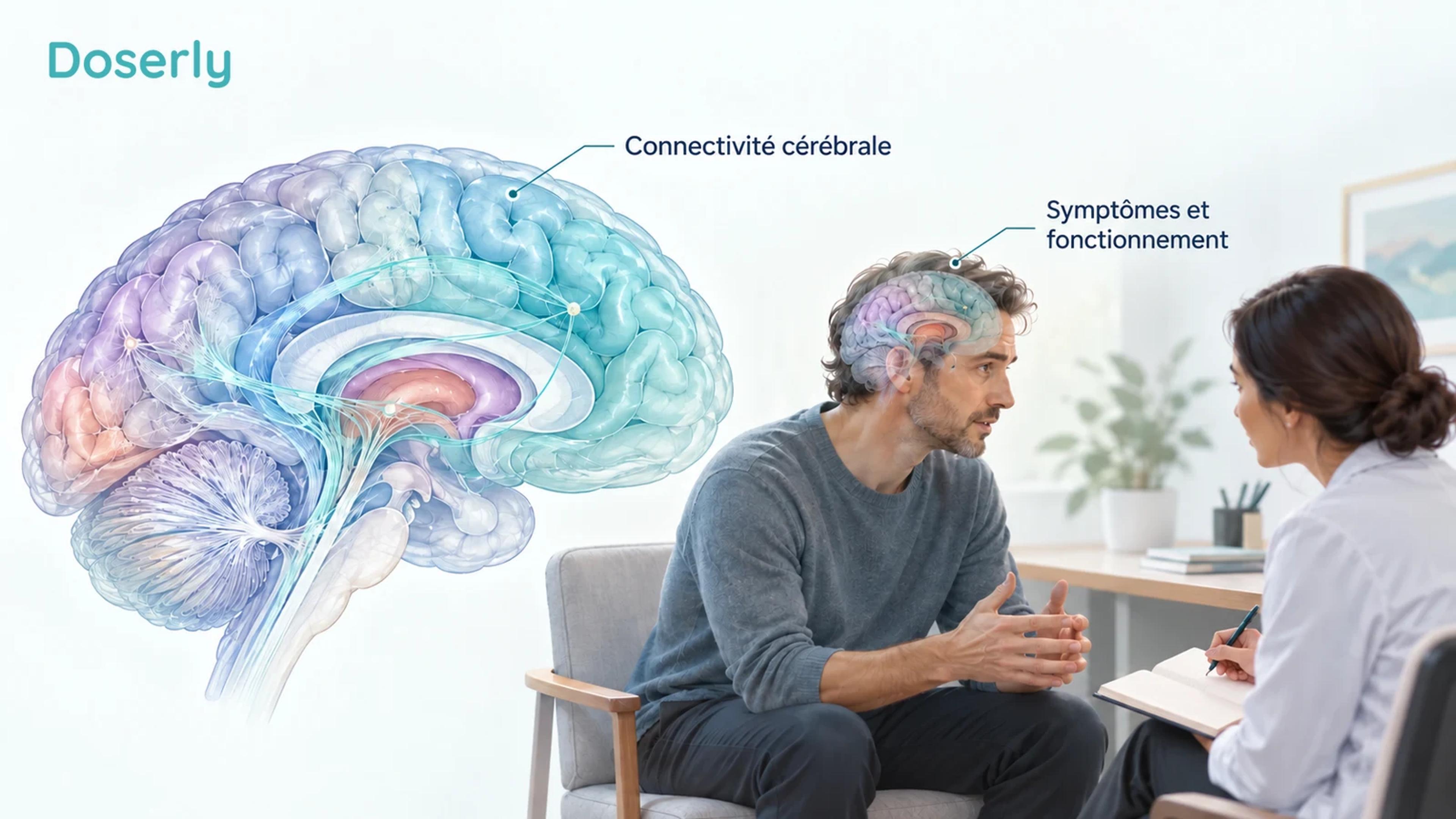Un cerveau conceptuel aux connexions mises en évidence se trouve à côté d’une personne décrivant ses symptômes et ses limites quotidiennes.