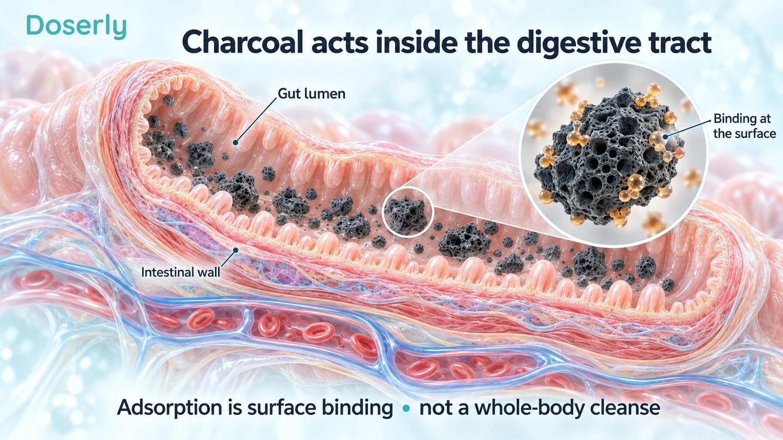 Cutaway intestine shows charcoal particles within the gut lumen and molecules attached to a porous charcoal surface, with blood vessels outside the intestinal wall.
