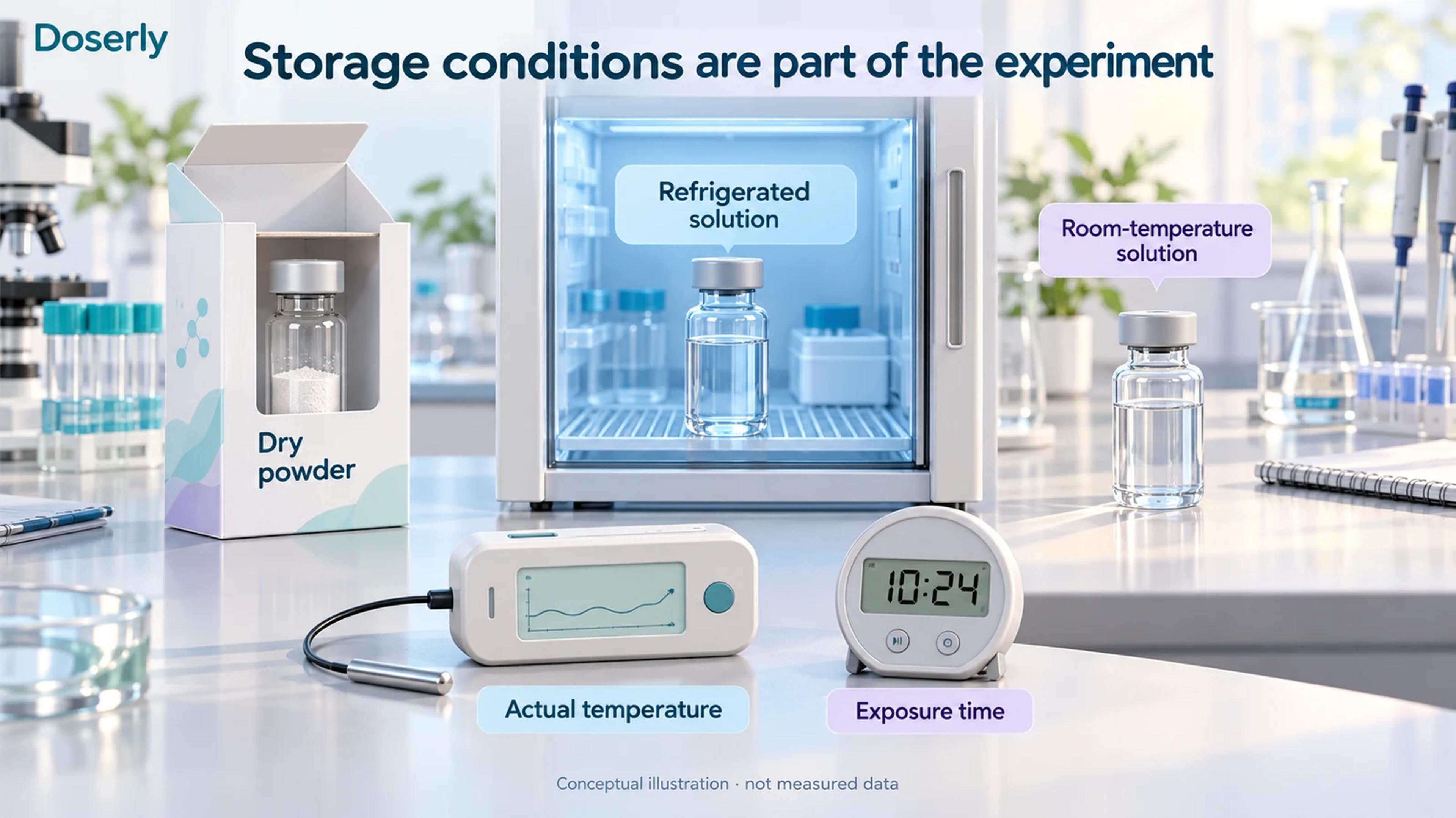 Dry powder, refrigerated solution and room-temperature solution beside a conceptual temperature logger.