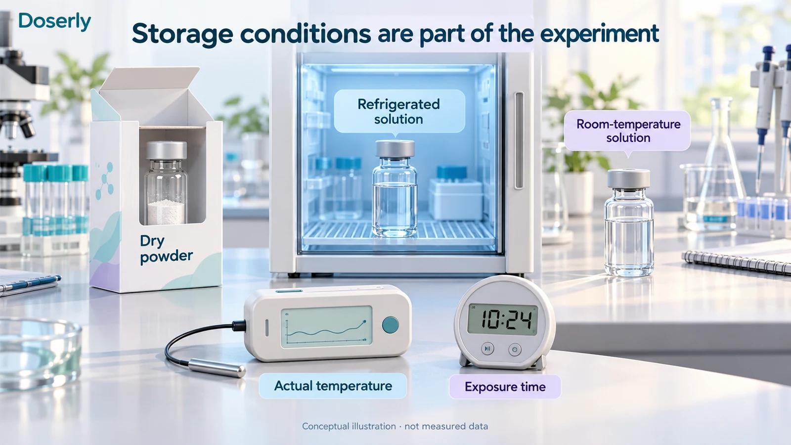 Dry powder, refrigerated solution and room-temperature solution beside a conceptual temperature logger.