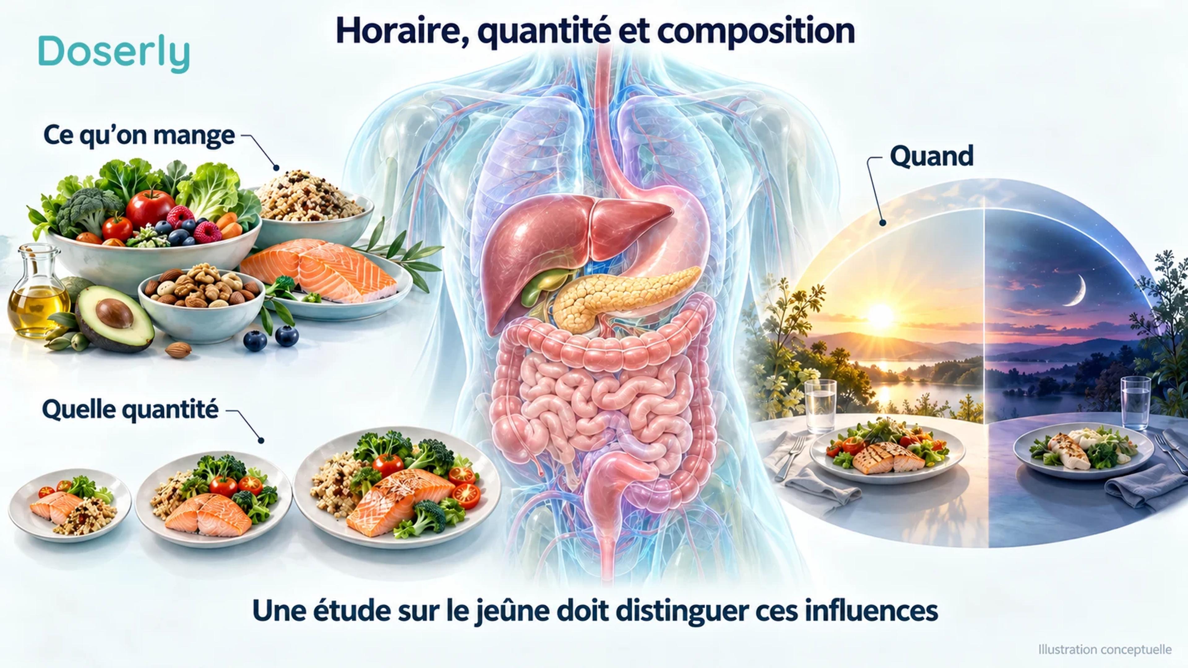 L’anatomie digestive est entourée d’exemples de composition des aliments, de taille des portions et d’horaires de jour et de nuit