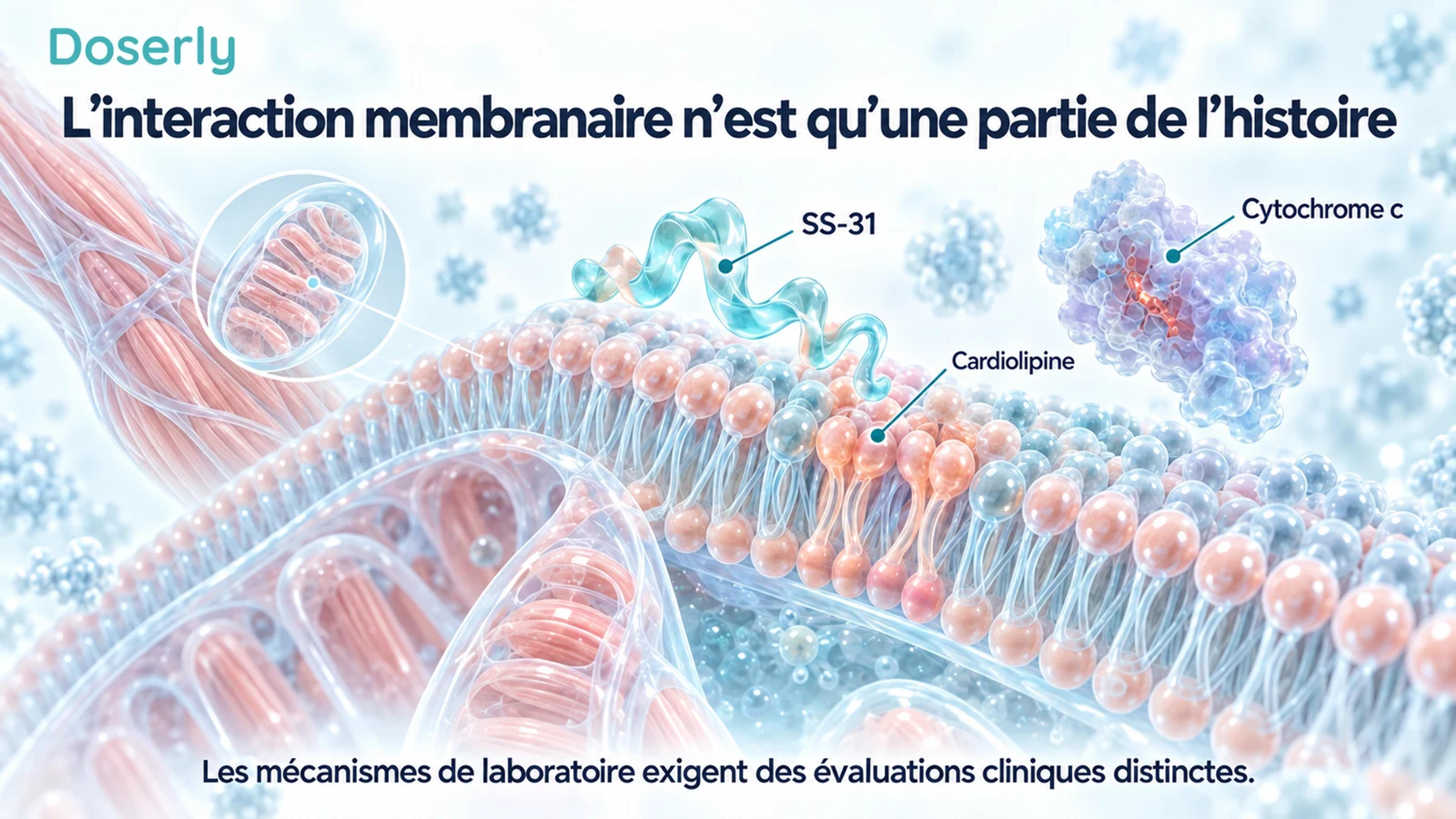 Illustration conceptuelle de la membrane interne montrant le SS-31, la cardiolipine et le cytochrome c en relation avec une fibre musculaire.