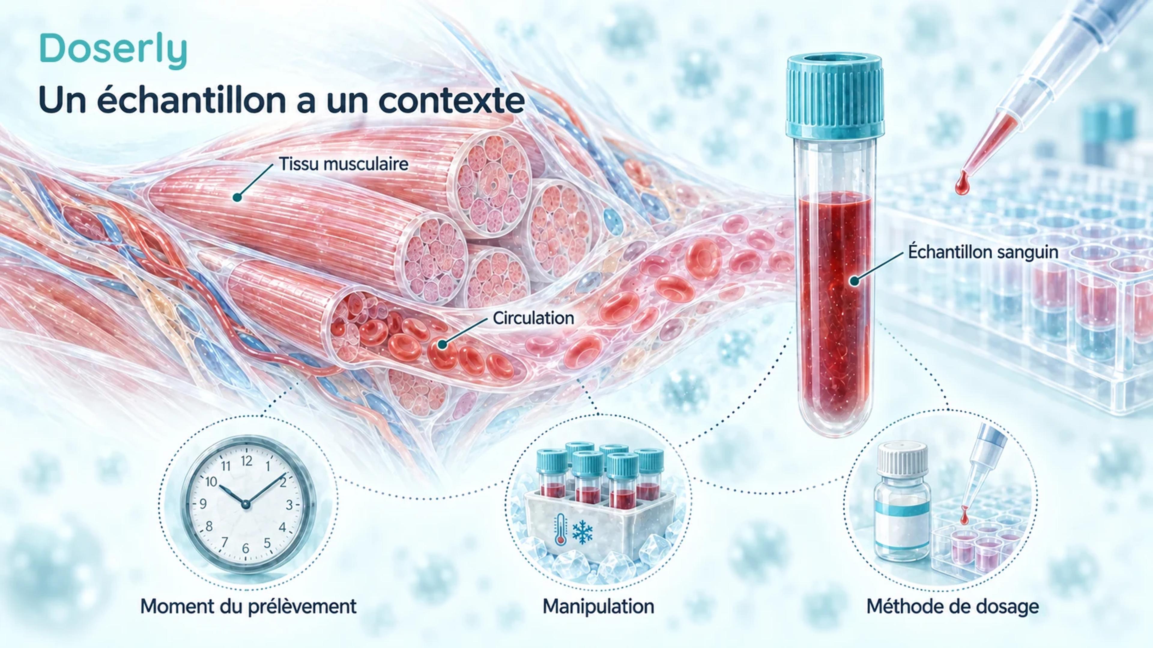 Faisceaux musculaires détaillés et capillaire à côté d’un tube de sang, avec des illustrations du moment du prélèvement, de la manipulation et de la méthode d’analyse