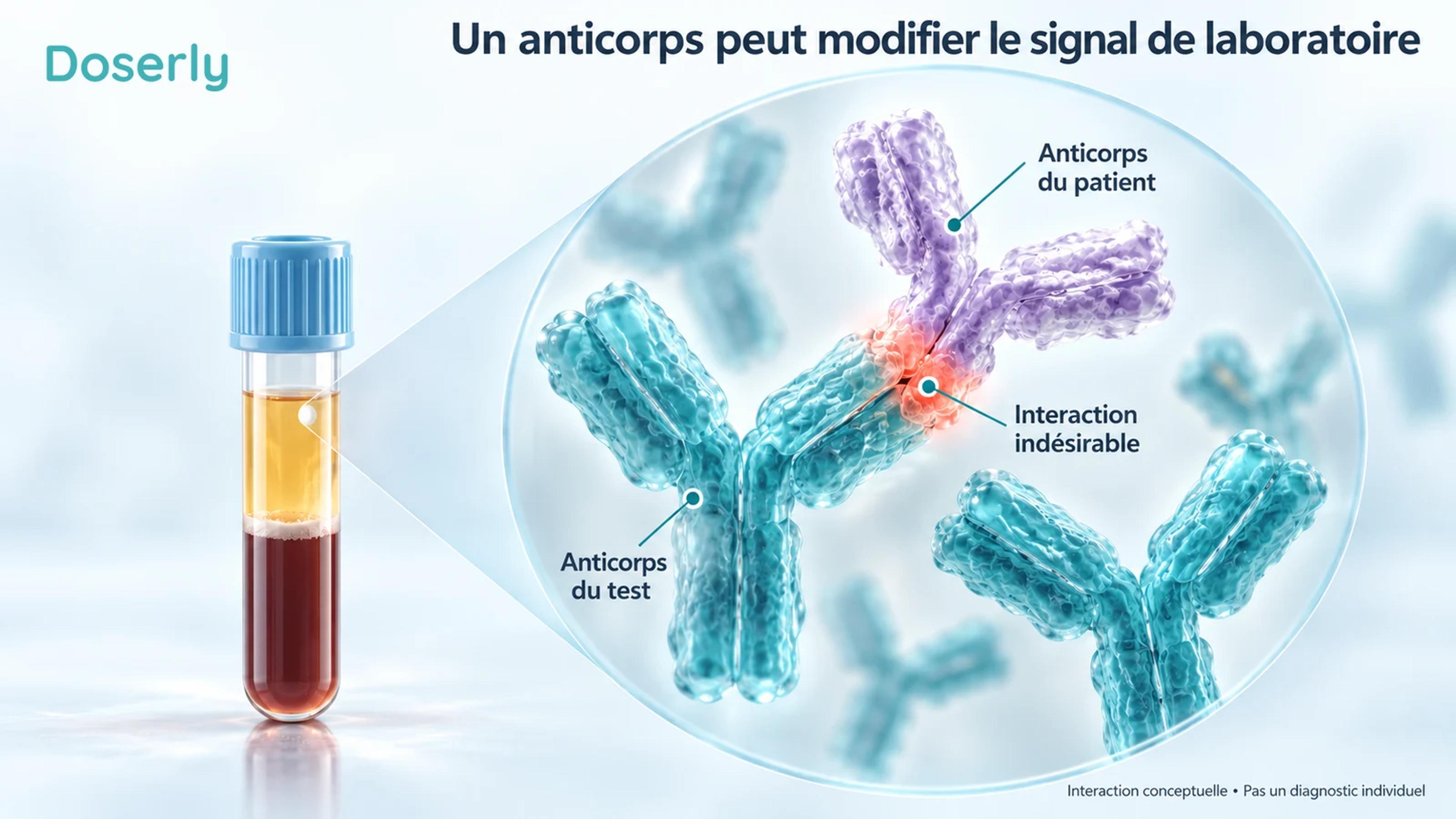 Des anticorps distincts du patient et du test interagissent dans une scène de laboratoire agrandie, à côté d’un tube de sérum inchangé.