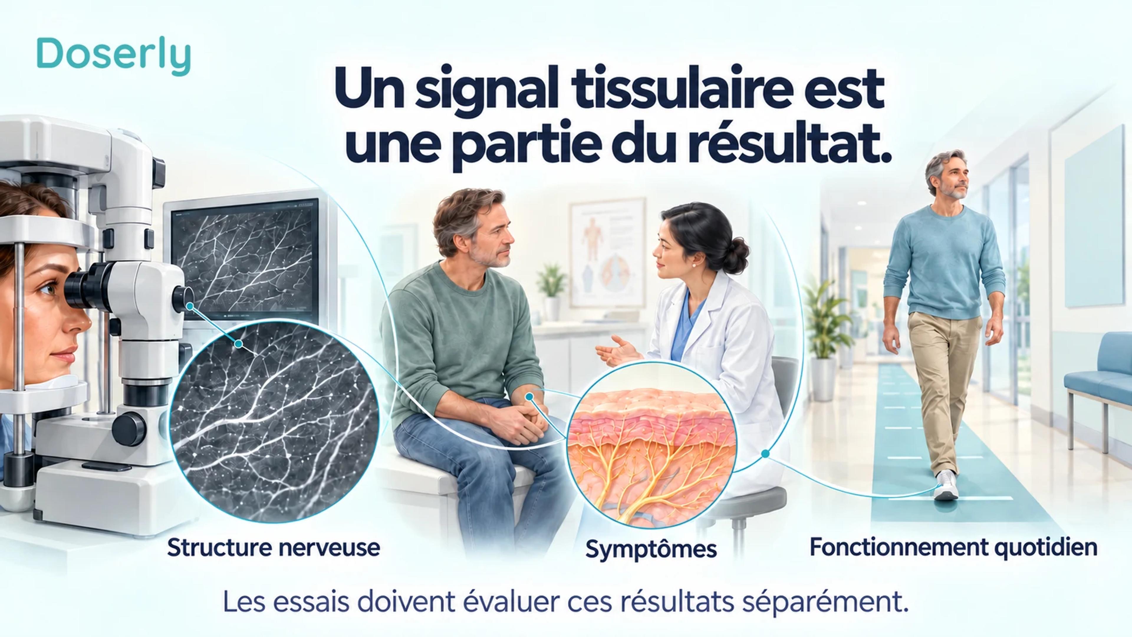 Illustrations d’une imagerie cornéenne, d’un patient discutant de ses symptômes et d’une évaluation de la marche, représentant trois domaines de résultats distincts.