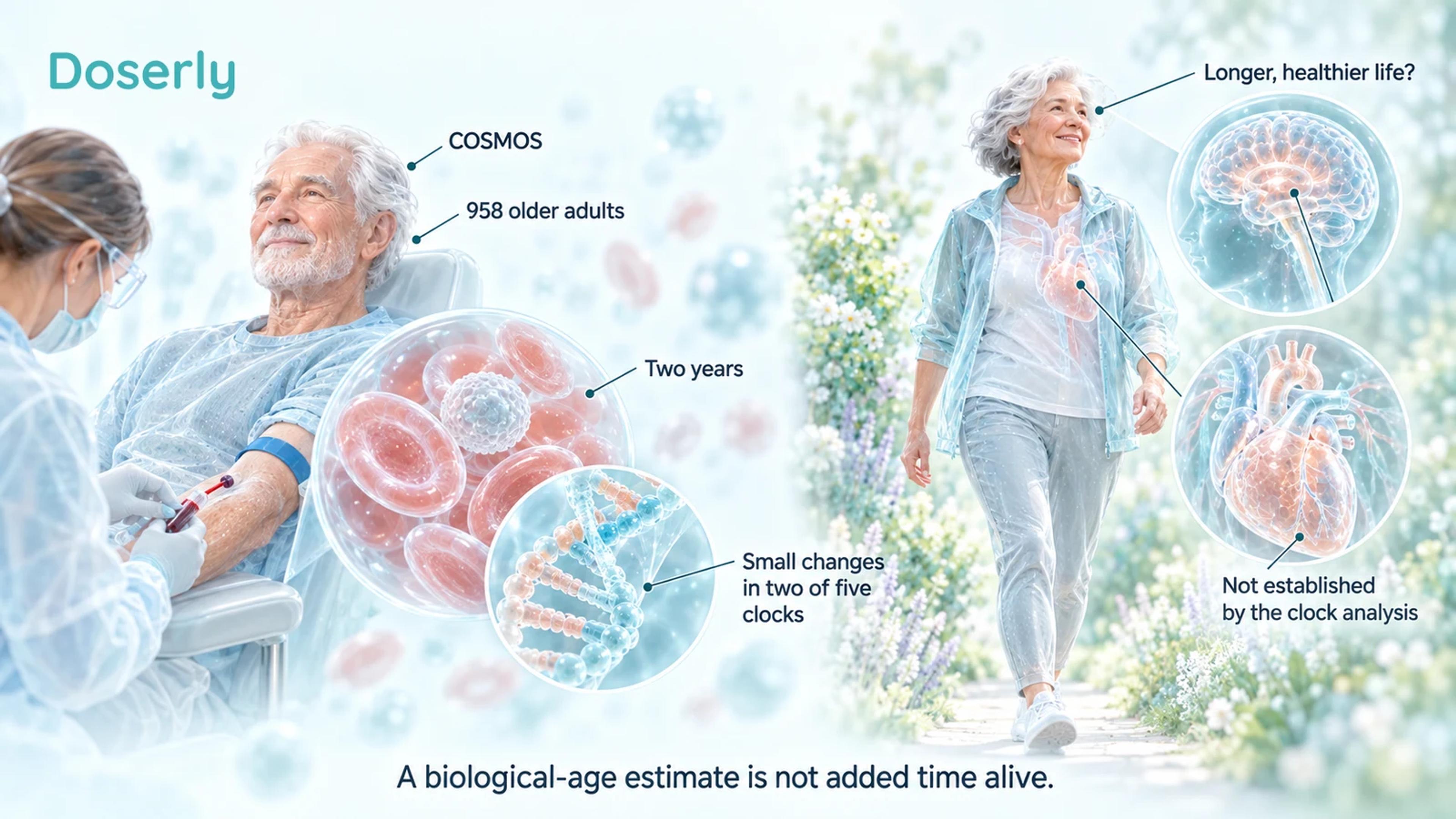 Older adults in a blood-sampling study and a separate walking scene distinguish clock measurements from longer, healthier life.
