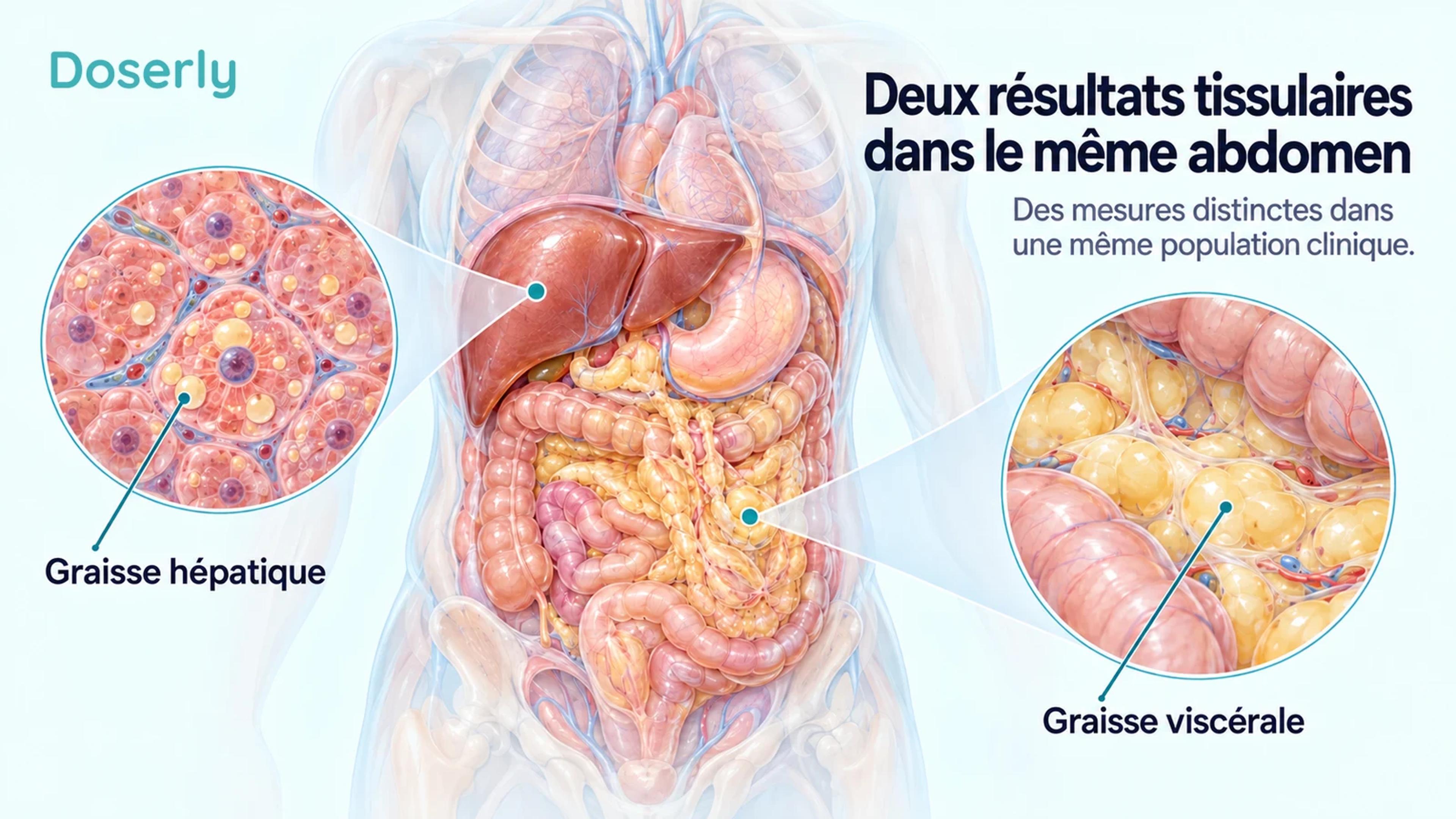 Anatomie abdominale translucide avec agrandissements distincts de la graisse dans les cellules du foie et du tissu adipeux viscéral