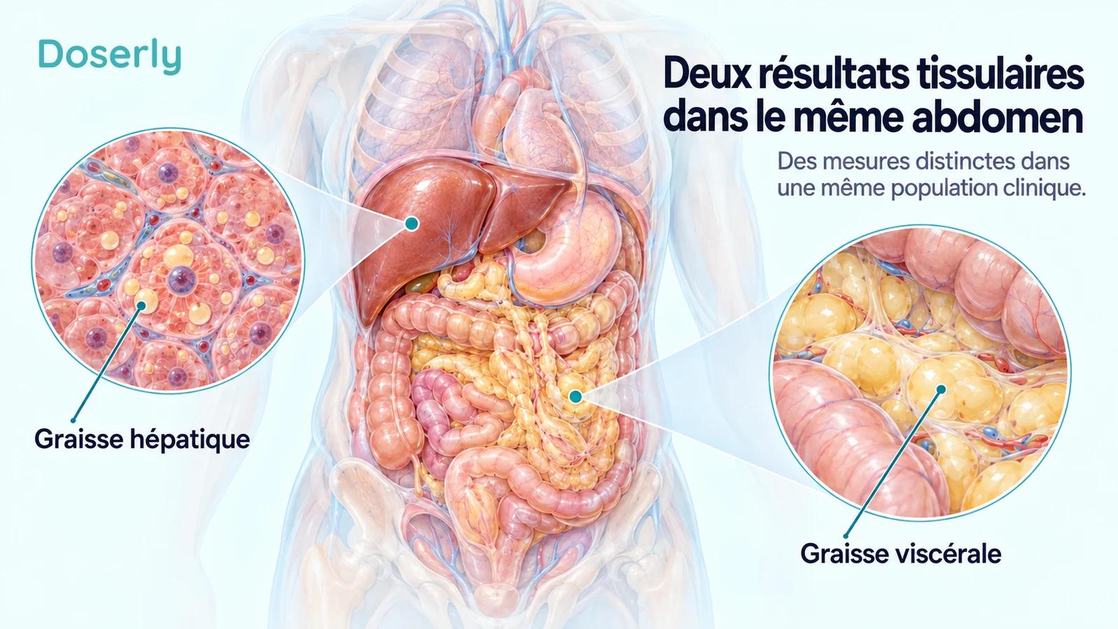 Anatomie abdominale translucide avec agrandissements distincts de la graisse dans les cellules du foie et du tissu adipeux viscéral