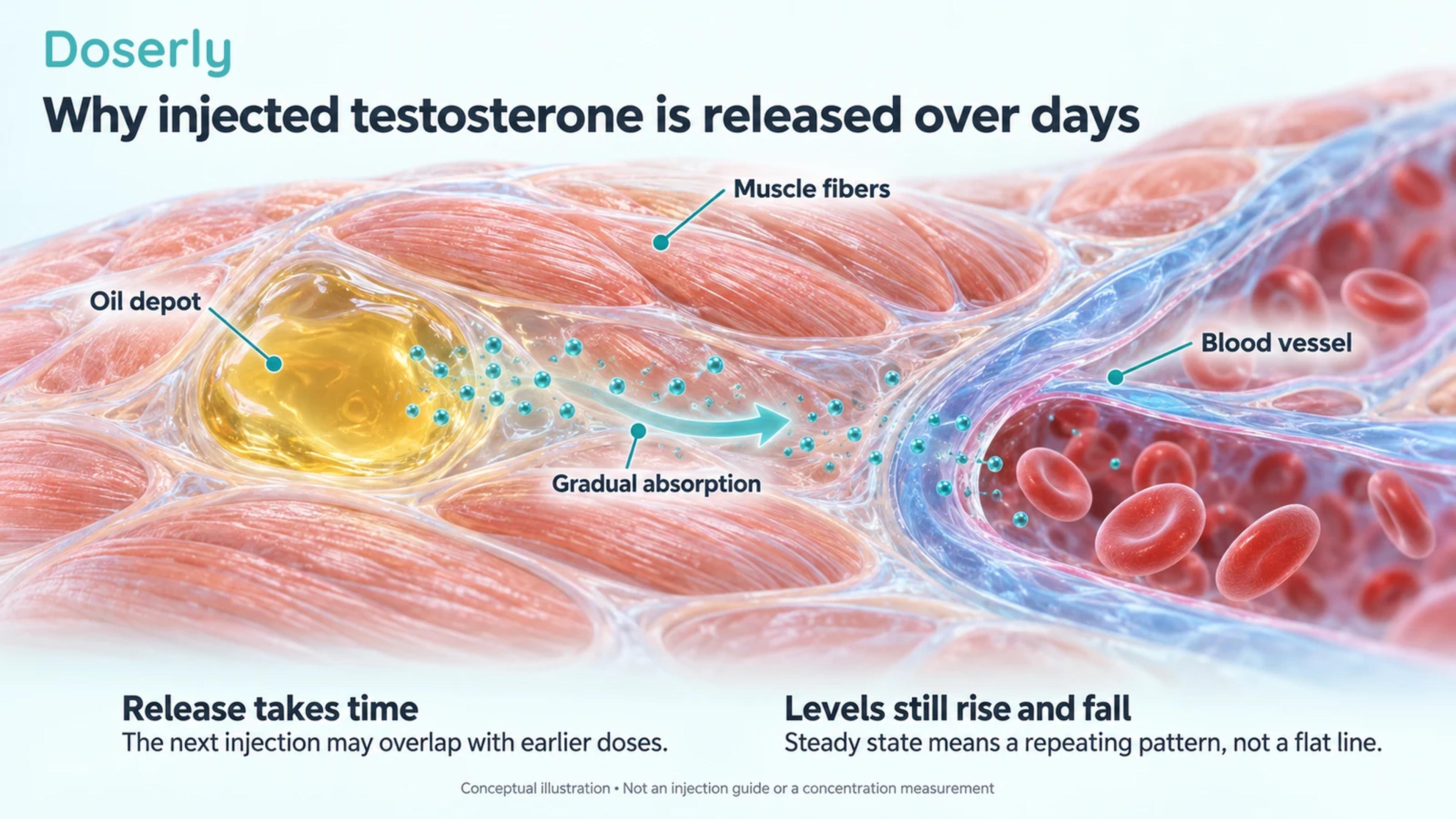 Detailed conceptual muscle illustration with an oil depot, gradual movement of drug toward a separate blood vessel, and labels explaining overlapping doses.