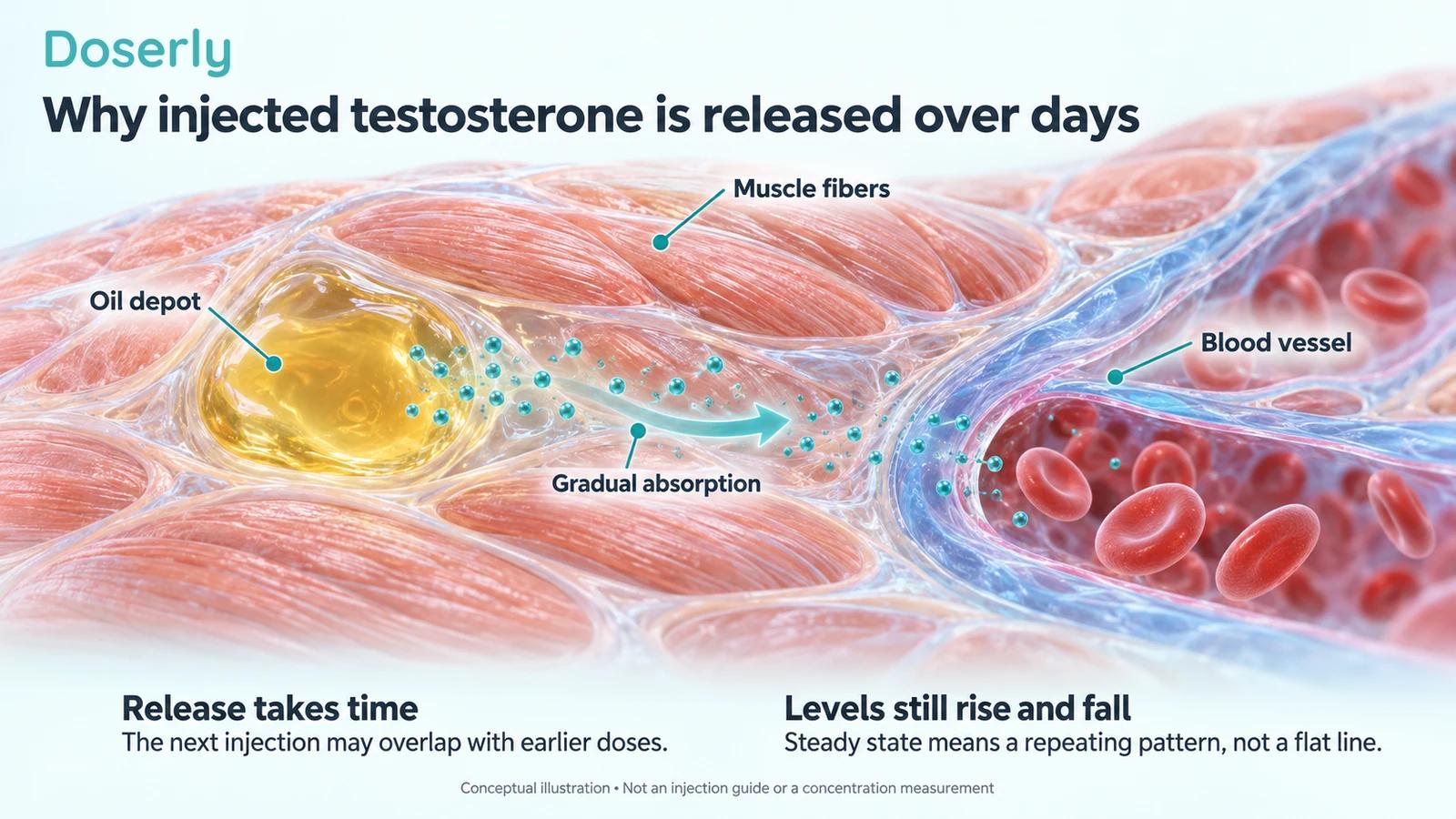 Detailed conceptual muscle illustration with an oil depot, gradual movement of drug toward a separate blood vessel, and labels explaining overlapping doses.