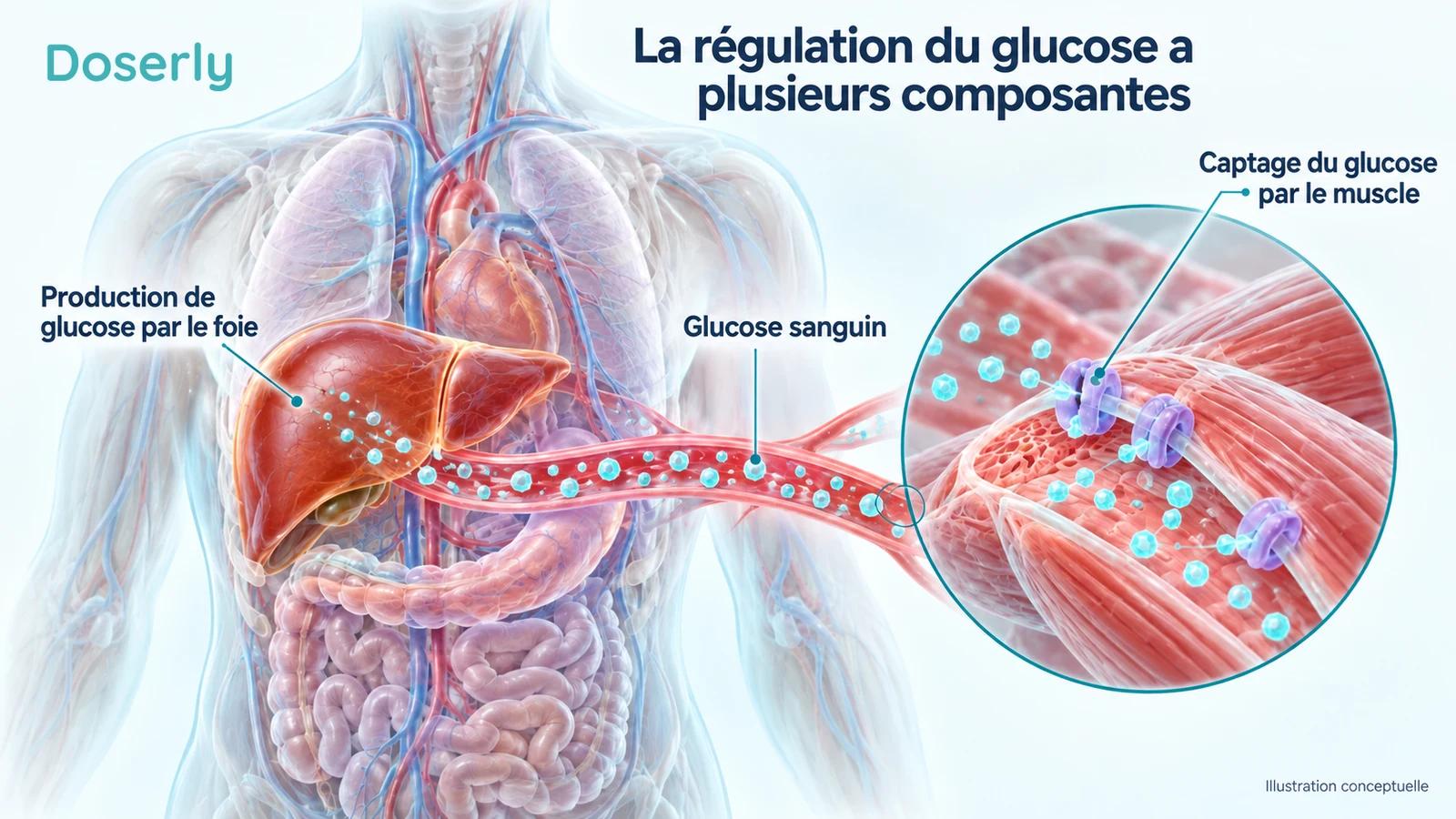 Représentation conceptuelle du foie, du glucose circulant et du muscle squelettique illustrant différents aspects de la régulation du glucose.