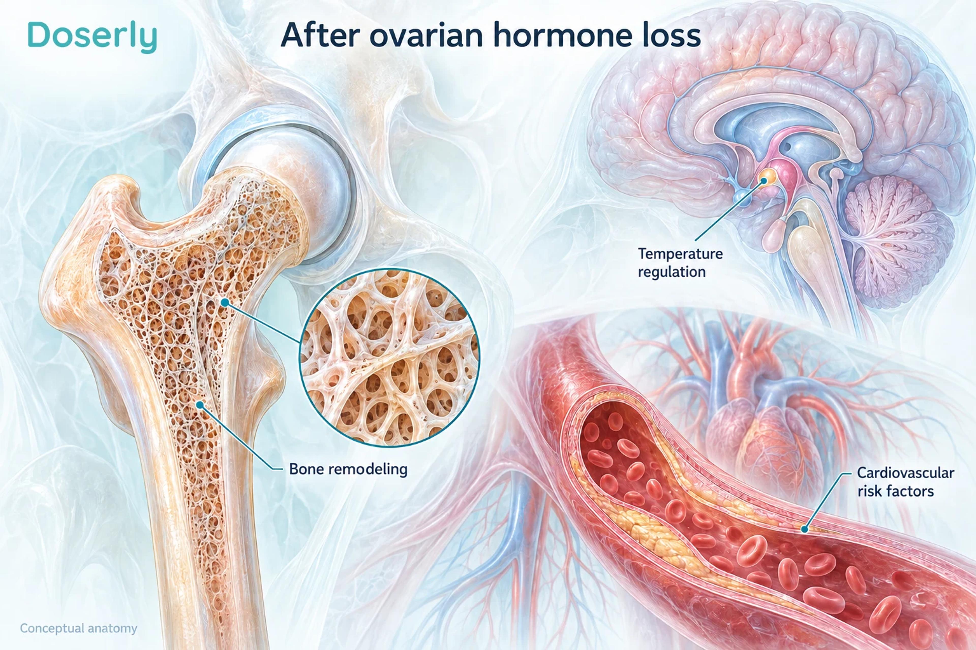 Bone, circulation and brain illustrations show systems considered after ovarian hormone loss.
